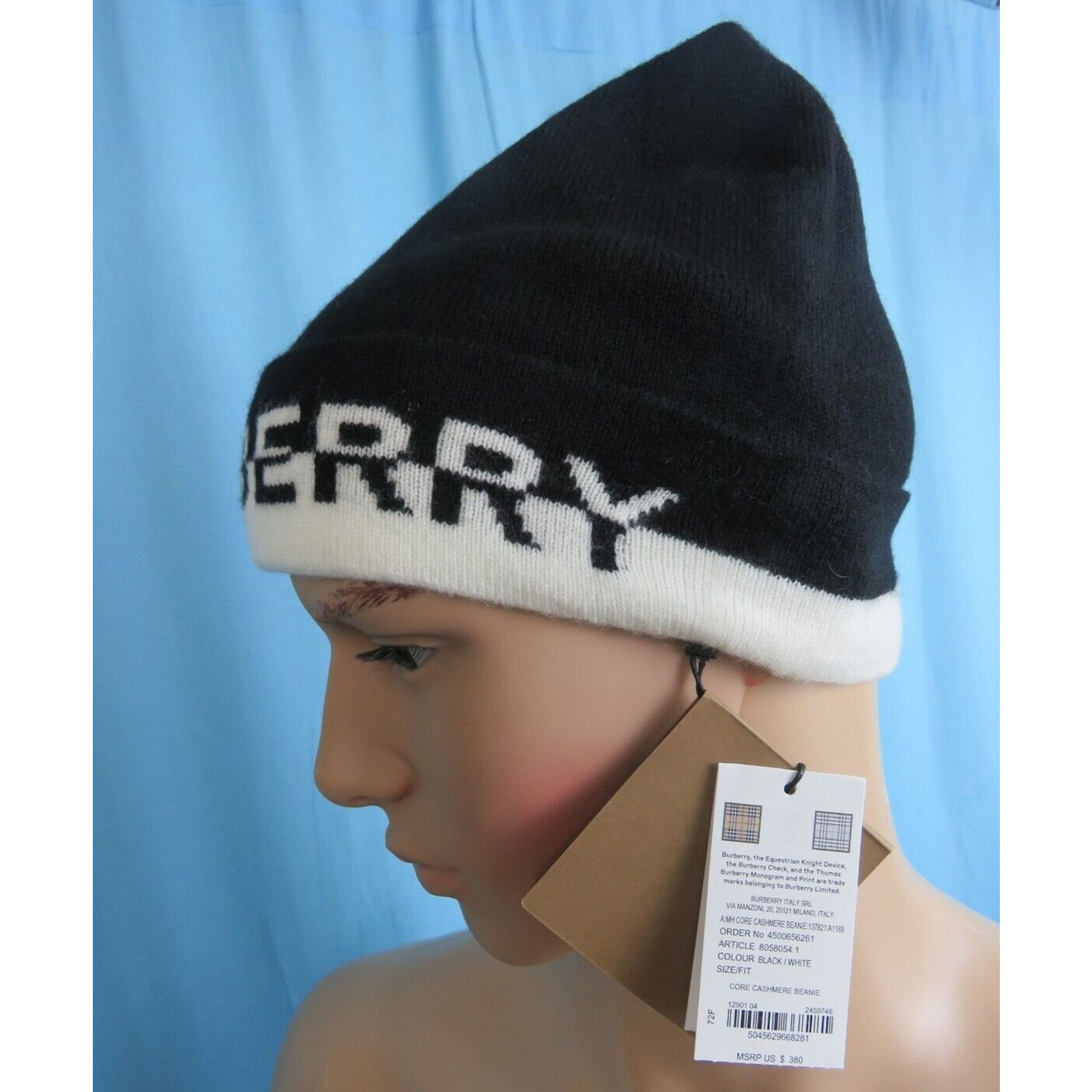 Burberry NEW BURBERRY CORE BLACK WHITE CASHMERE LOGO HAT ONE SIZE Size ONE SIZE - 3 Thumbnail