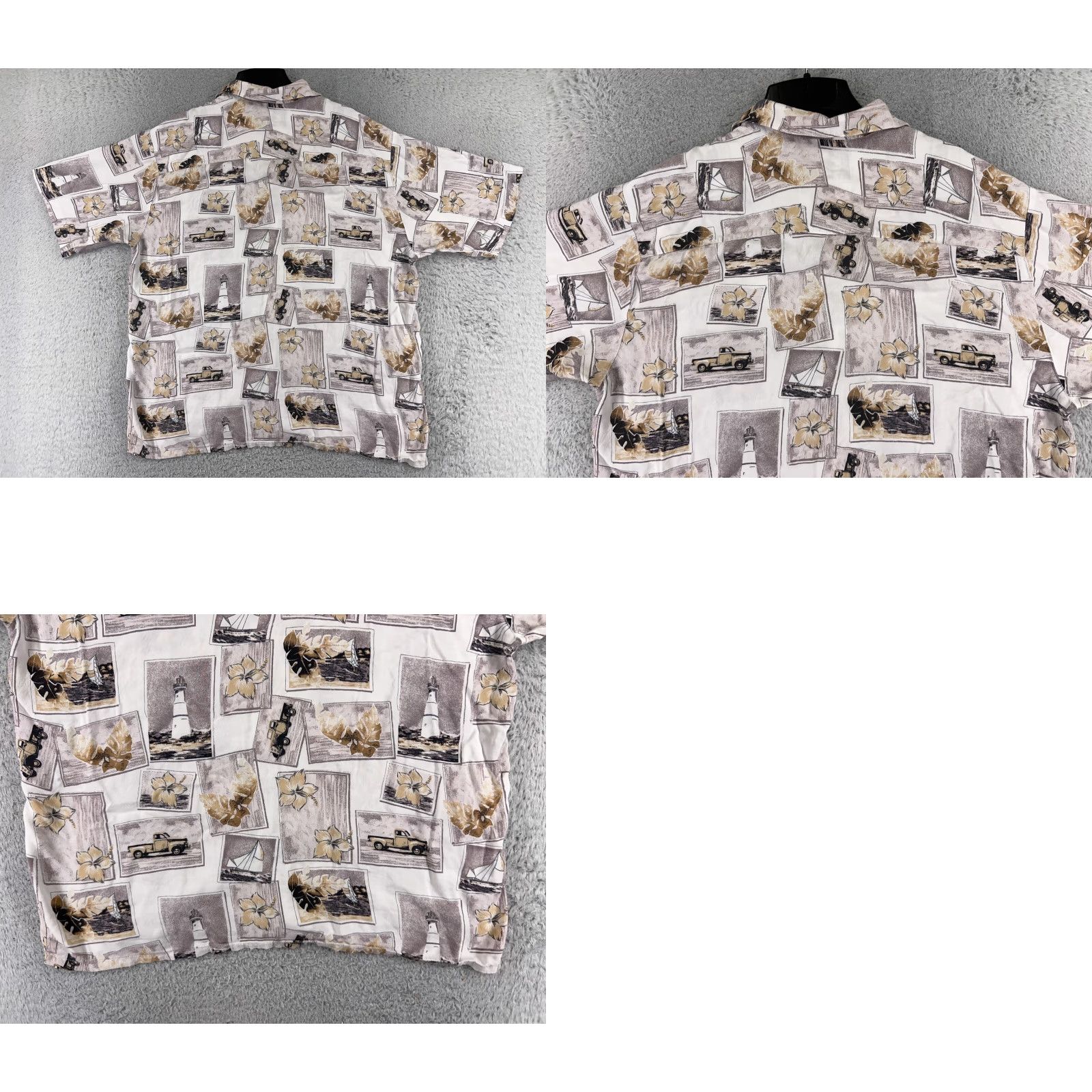 Vintage Puritan Shirt Mens Large Beige Hawaiian Sailboat Lighthouse Truck Postcard Rayon Size US L / EU 52-54 / 3 - 9 Thumbnail