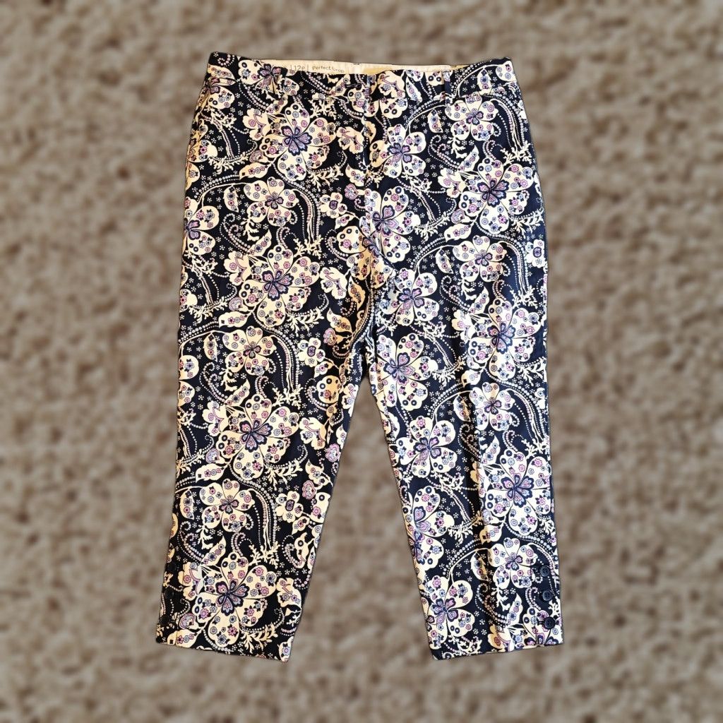 Talbots Talbots Pants Womens 12 Petite Blue Floral Cropped Stretch Classic Career Casual Tailored Front Flat Front Regular Kid/Adult? Size 34" / US 12 / IT 48 - 1 Thumbnail