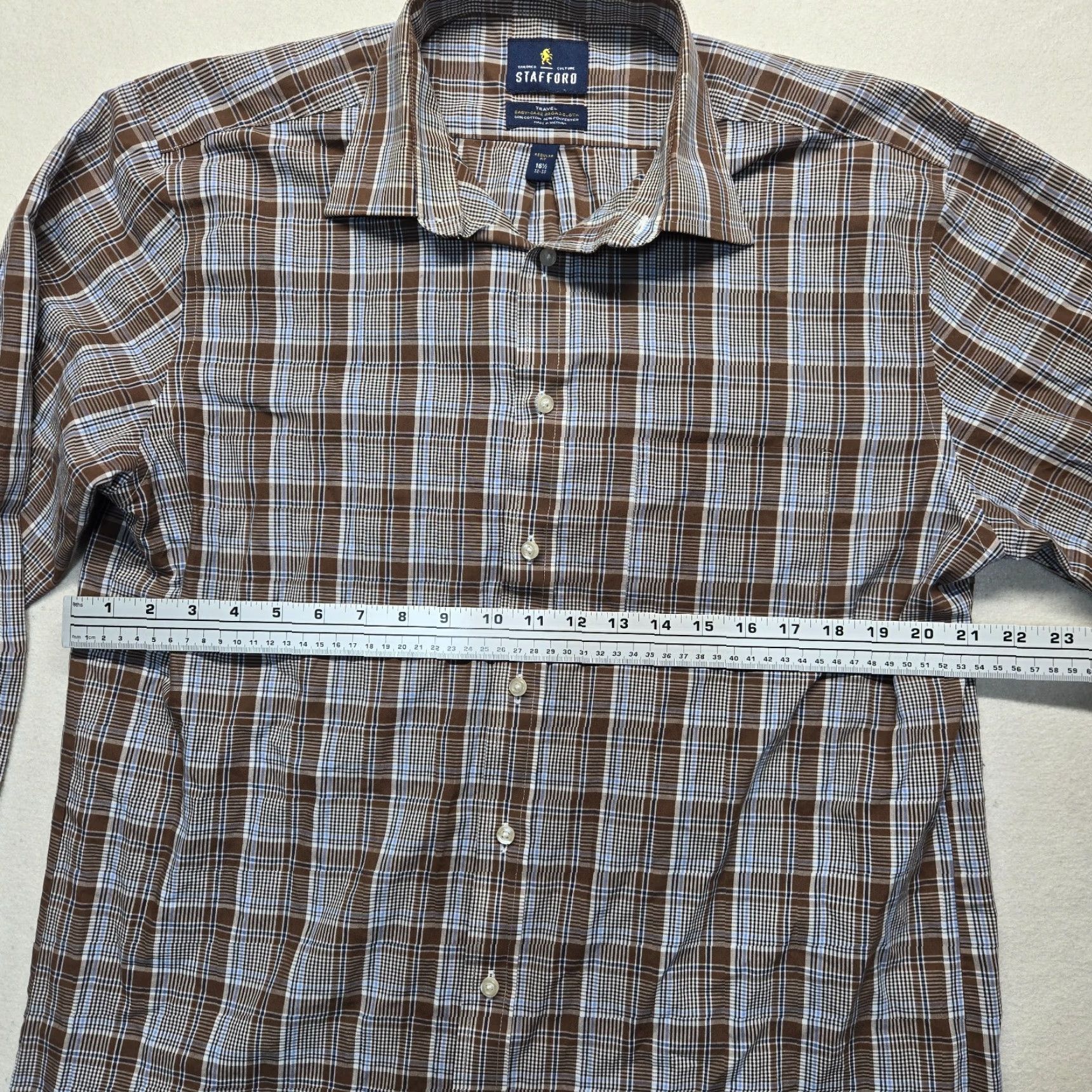 Stafford Stafford Shirt Button-Up Plaid Long Sleeve Regular Fit Men’s 16.5 Brown Cotton Blend Wool/Poly 32-33 Vintage? No – Travel Everyday Style Mens Size US L / EU 52-54 / 3 - 4 Thumbnail