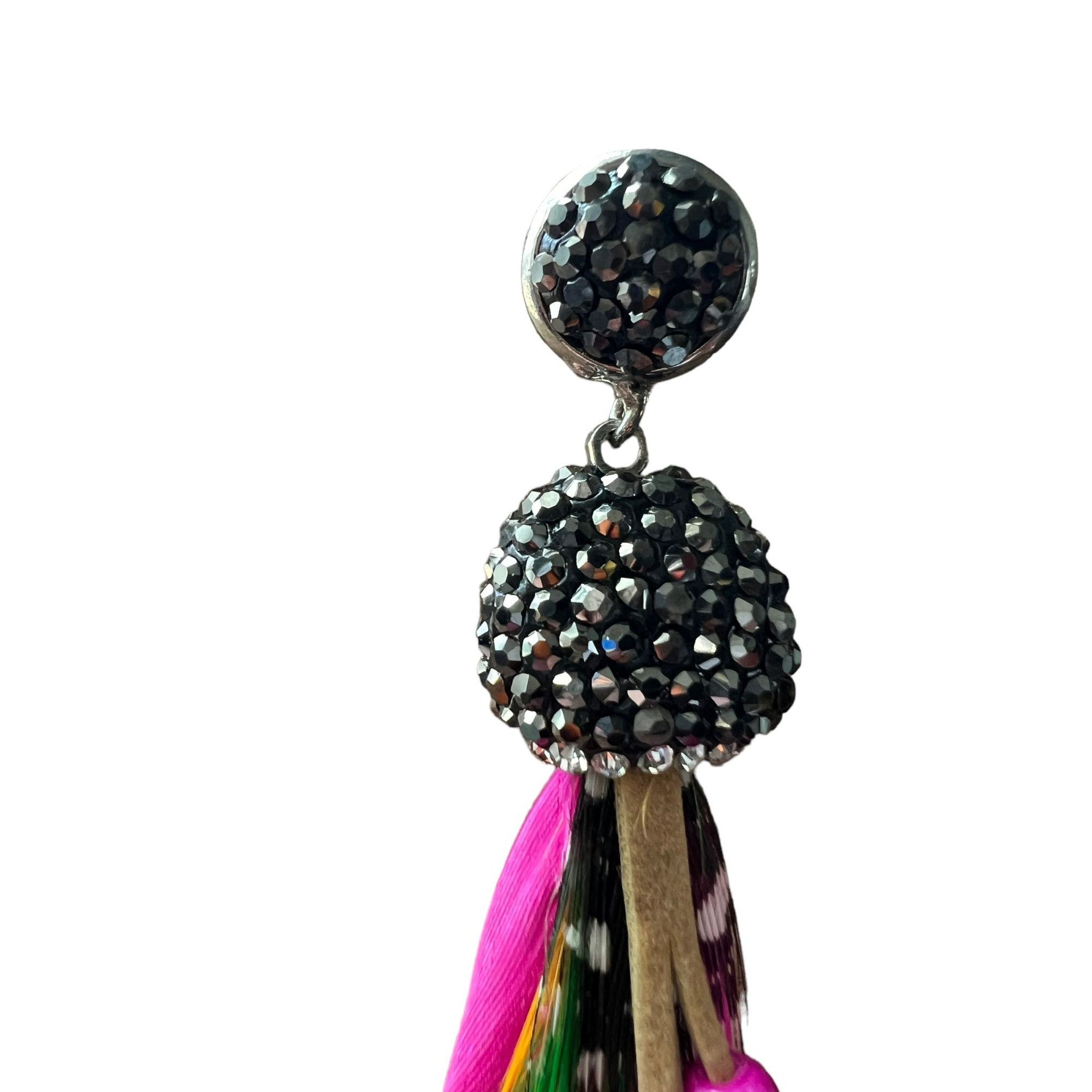 Other Feather Boho Glitz Pierced Earrings Bright Pink Beads Rhines Size ONE SIZE - 2 Thumbnail