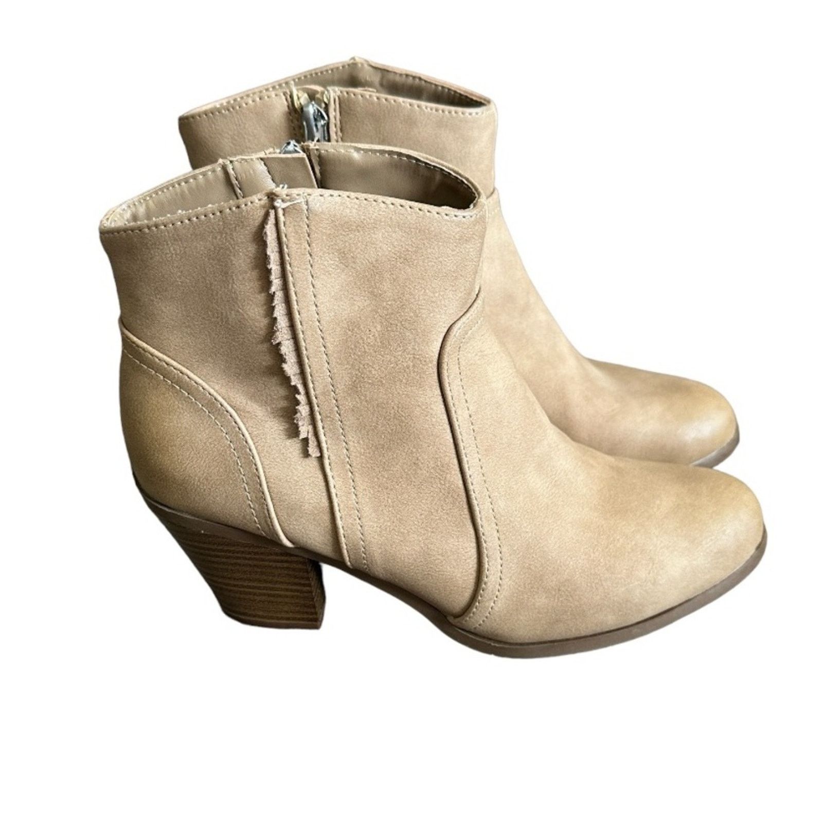 Sam Edelman Sam Edelman Leah Beige Fringe Side Zip Stacked Heel Booties Size US 7.5 / IT 37.5 - 1 Thumbnail