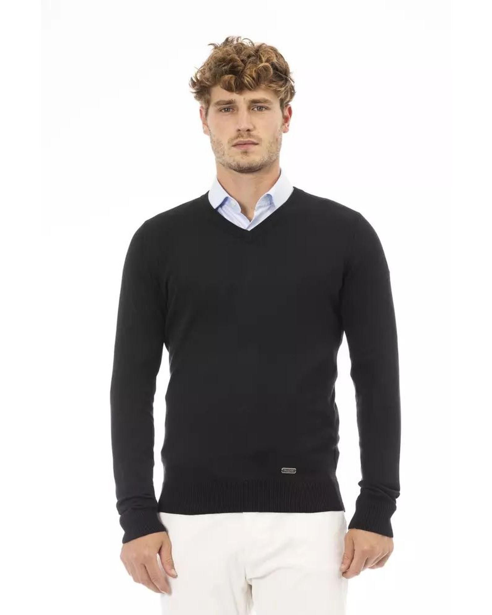 image of Baldinini Modal V-Neck Sweater With Fine Ribbed Details in Black, Men's (Size 2XL)