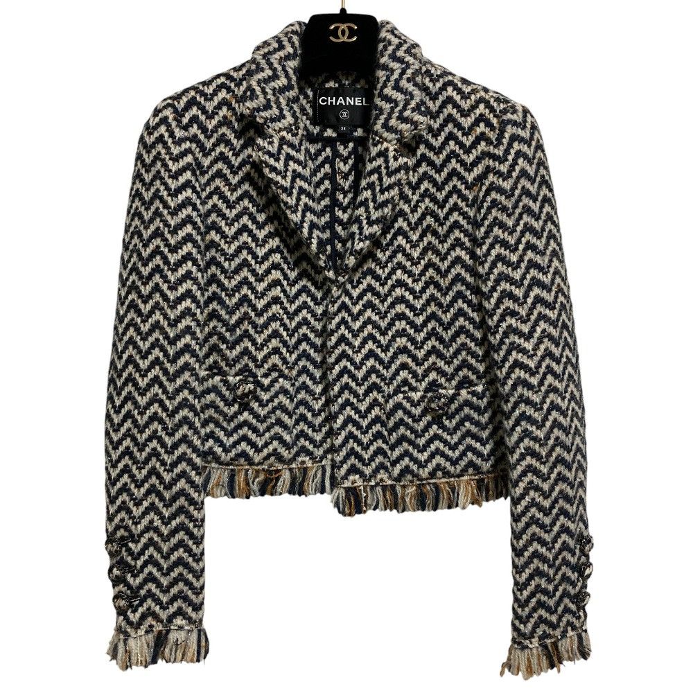 Chanel Chanel Chanel Chevron Fringe Tweed Cropped Jacket Textile Outerwear P62391 DUTY FREE for USA Size ONE SIZE - 1 Thumbnail