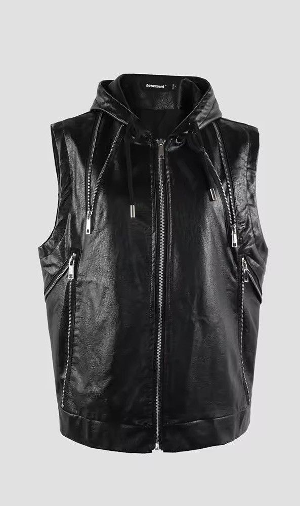 Elegant Cool Black Pu Leather Vest Hoodie