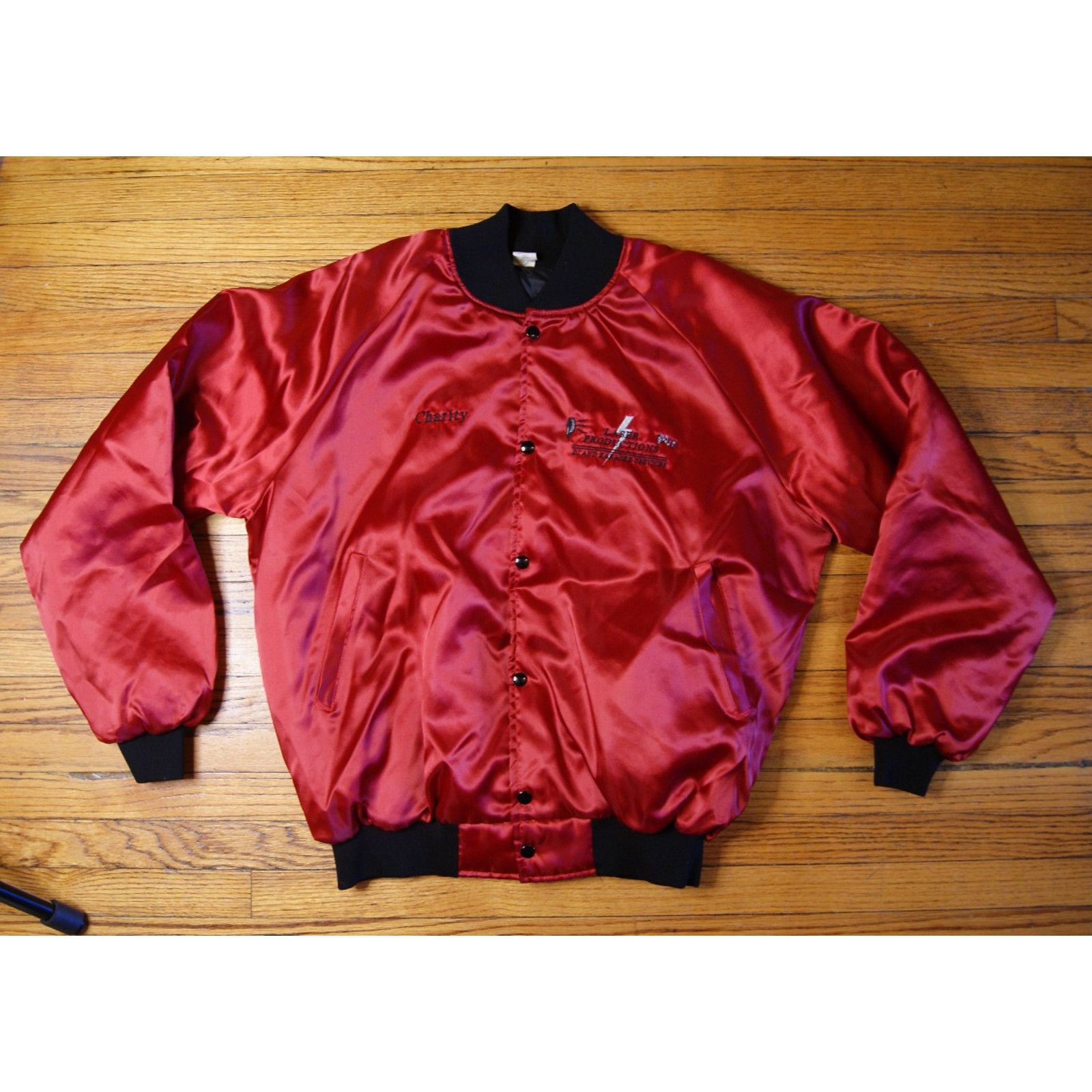 Vintage VTG DJ Laser Red Satin L Bomber Jacket Coat Quilt Lined Size US L / EU 52-54 / 3 - 3 Thumbnail