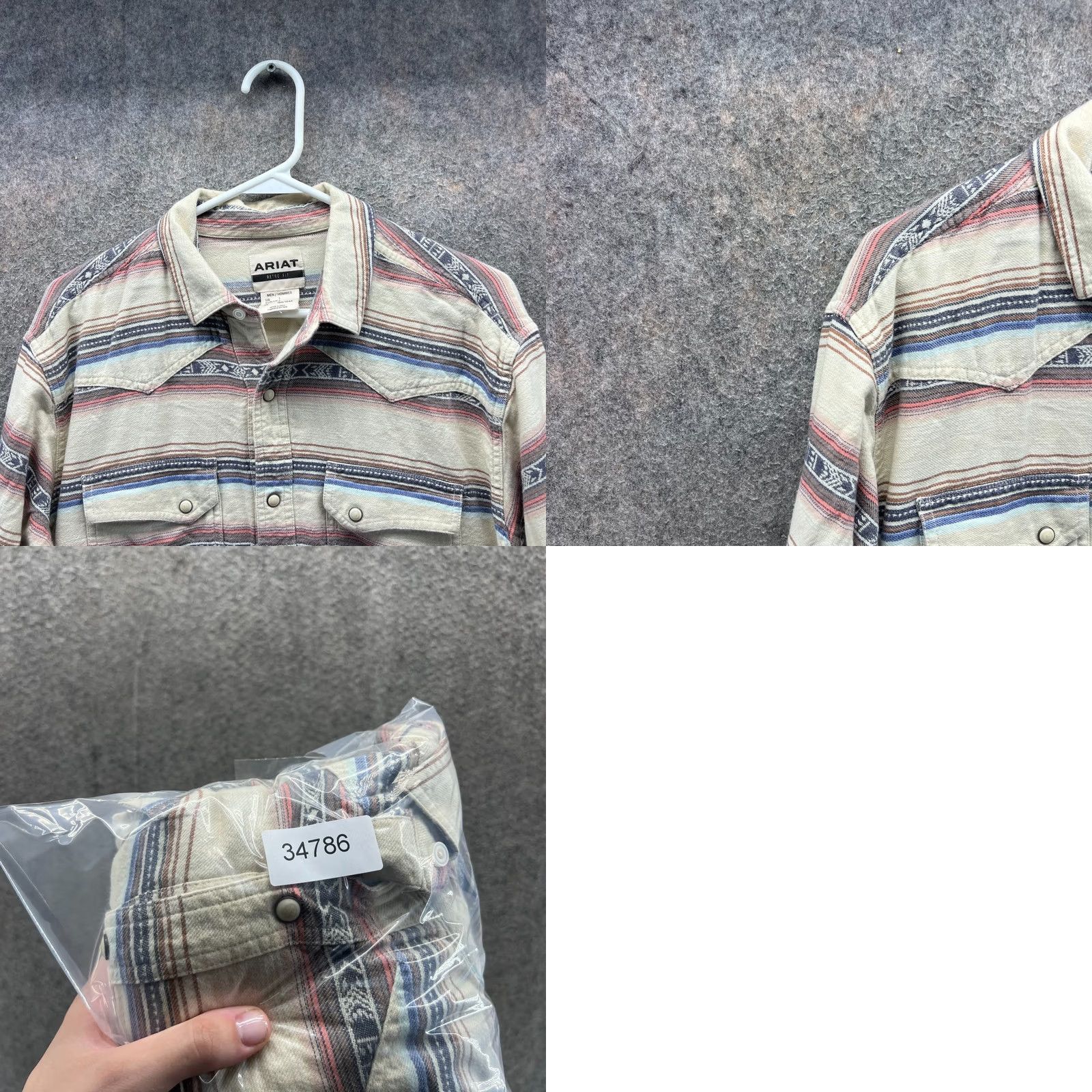 Ariat Ariat Shirt Mens Large Beige Retro Western Pearl Snap Striped Cotton Blend Aztec Size US L / EU 52-54 / 3 - 8 Thumbnail