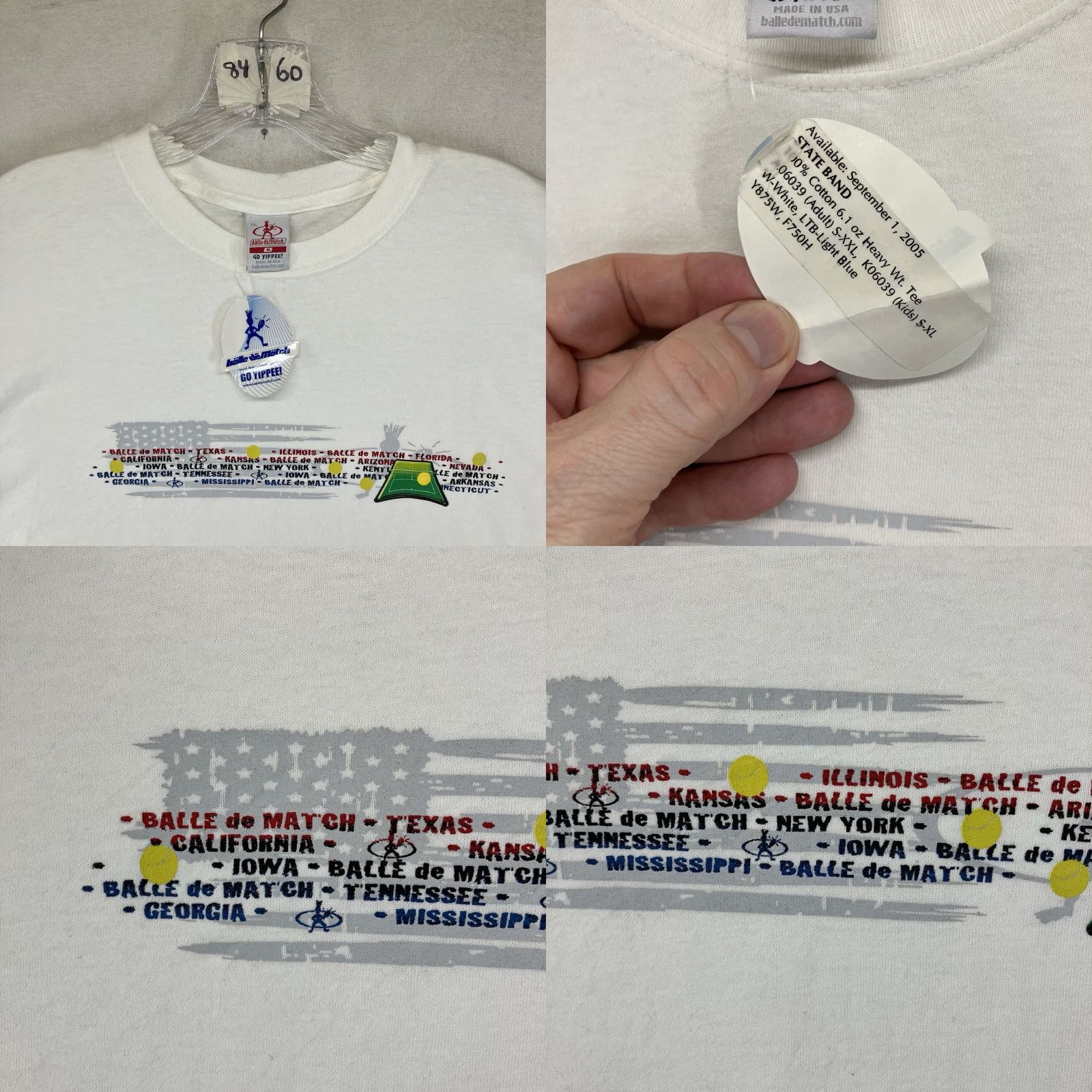 Vintage VINTAGE Balle de Match Tennis T-Shirt Medium Double-Sided 2004 Graphic Print White USA Mens Size US M / EU 48-50 / 2 - 8 Thumbnail