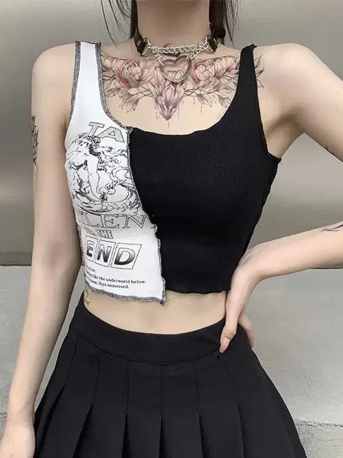 image of Vintage Crop Top Color Blocking Sleeveless Streetwear in Black, Women's (Size Medium)