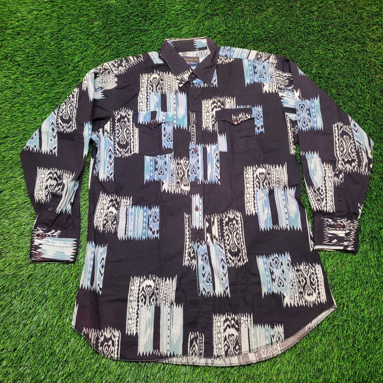 VTG 80s Panhandle Slim Abstract Ikat Print Button Shirt 2XLT