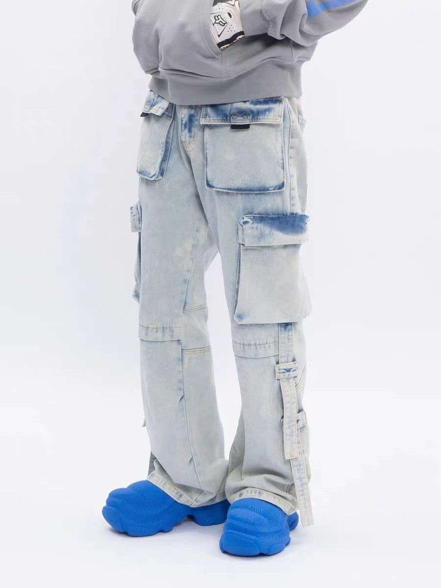 Street heavy wash multi-pocket micro-flared jeans