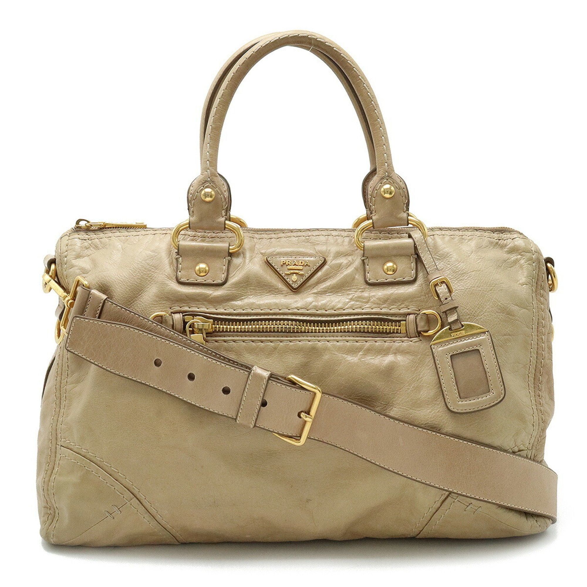 image of Prada Handbag Boston Bag Shoulder Leather Beige in White, Women's