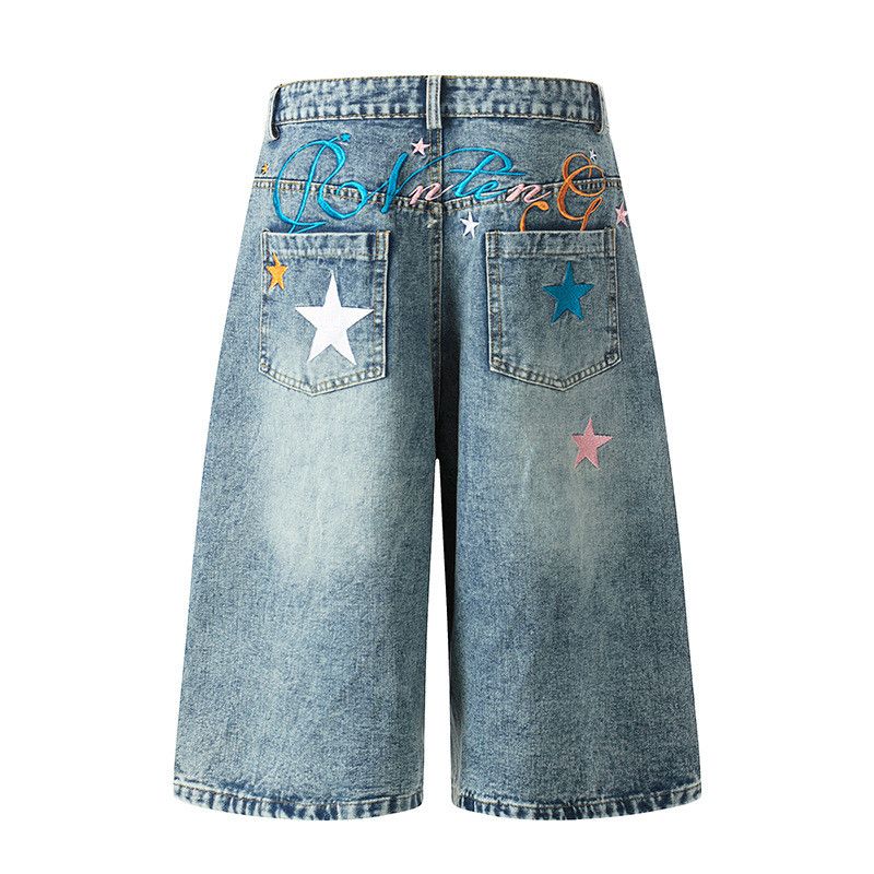 Vintage American Vintage Washed Denim Shorts with Star Embroidery Size US 32 / EU 48 - 1 Thumbnail