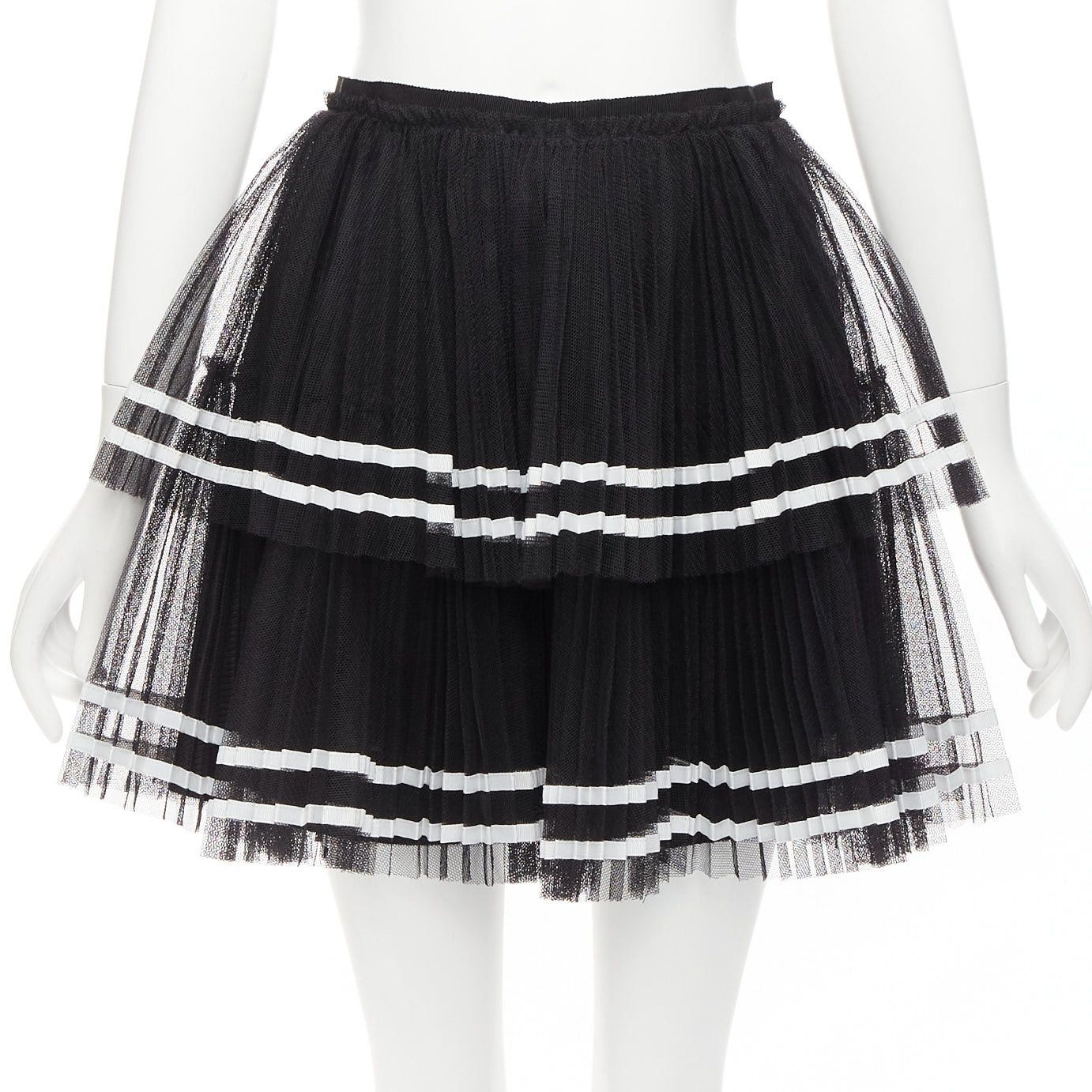 image of Red Valentino 2022 Black Tiered White Stripe Tulle Pleated Mini Skirt It38 Xs, Women's (Size 26)