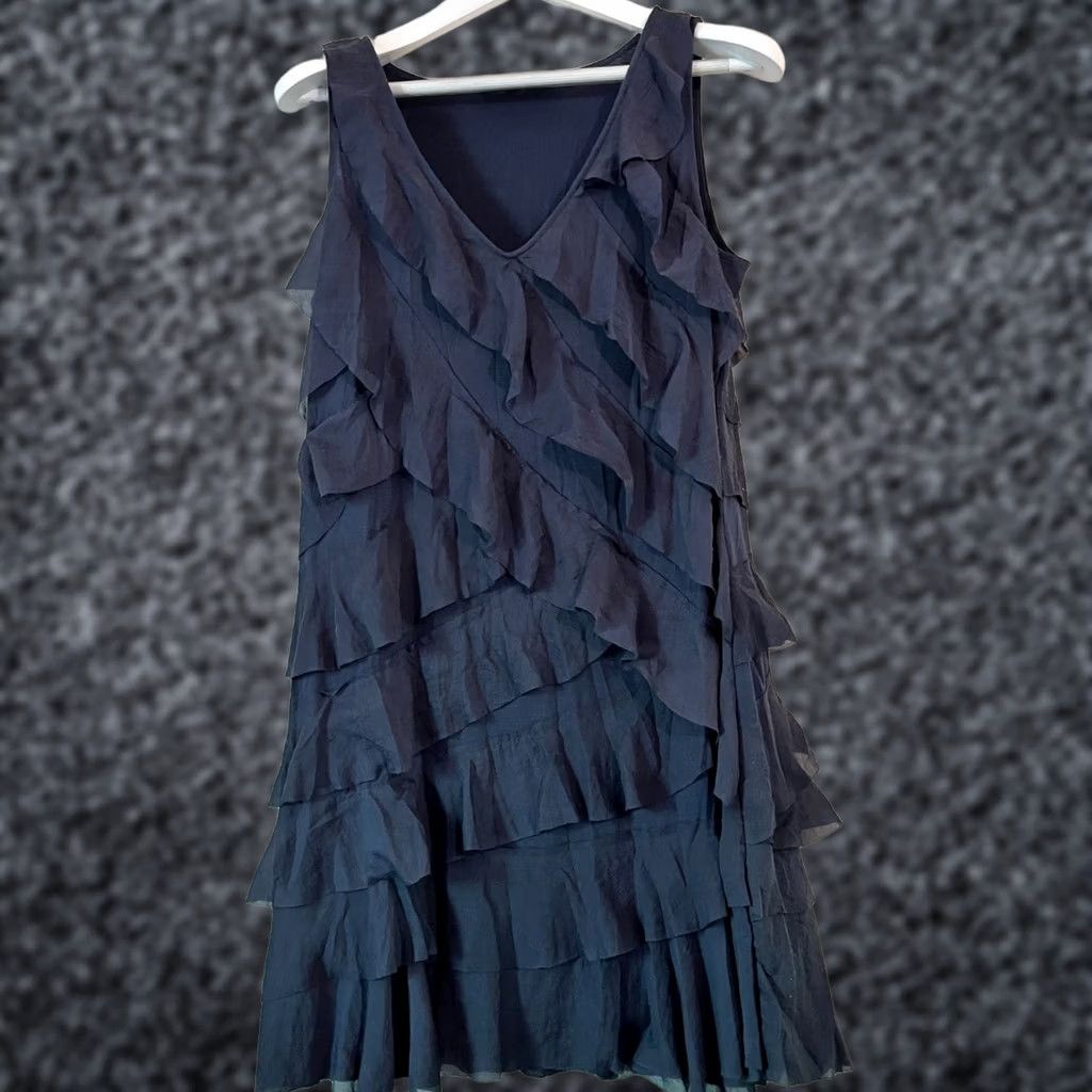 Ann Taylor Ann Taylor Loft Navy Blue Tiered Ruffled Sleeveless V-Neck Dress Size 10 Women A-Line Dress Womens Navy Blue Tiered Ruffle Sleeveless V-Neck Size L / US 10 / IT 46 - 1 Thumbnail