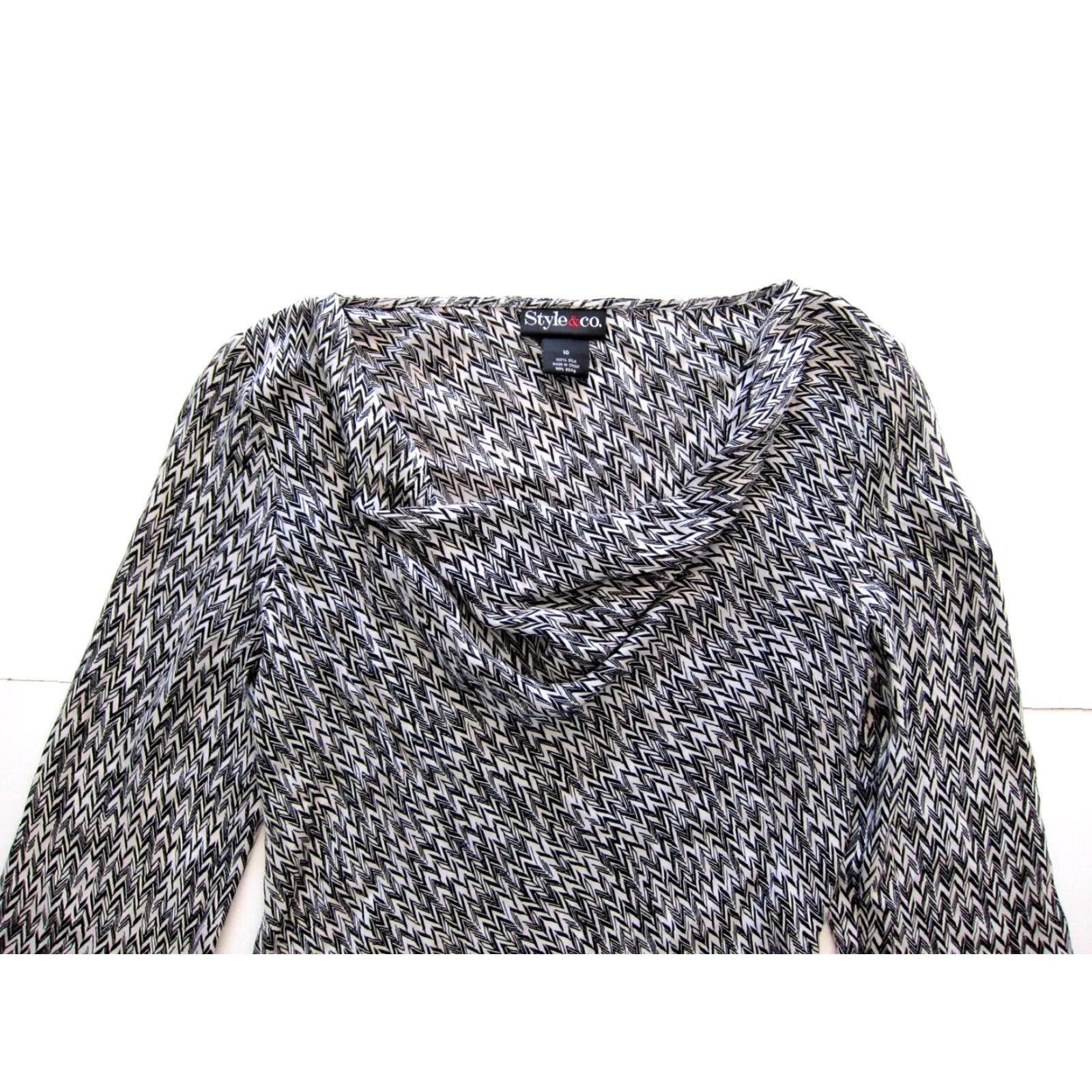 Vintage Style & Co. Silk Black White Long Sleeve Blouse 10 Shirt Women Slouch Neck Asymmetrical Sleeve Geometric Pattern 10 Size L / US 10 / IT 46 - 3 Thumbnail