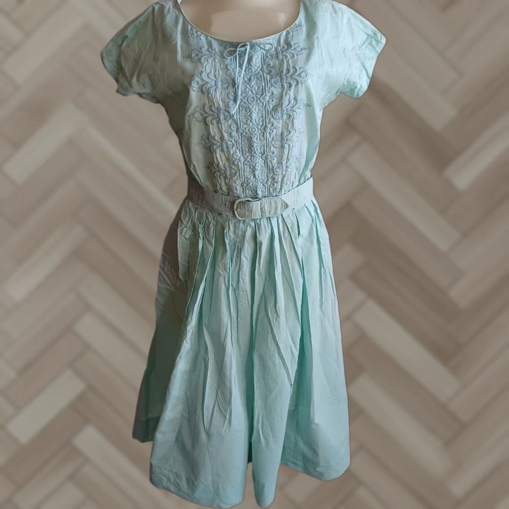 VINTAGE Nelly Don 1950s Dress Mint Green Embroidered Blouson
