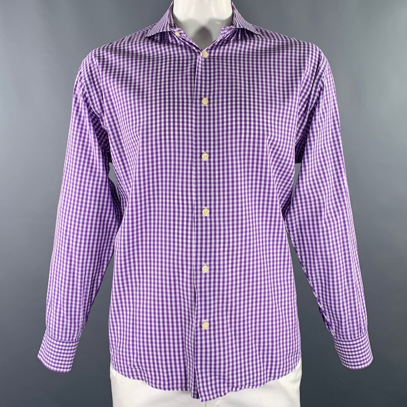 Burma Bibas Purple White Gingham Cotton Spread Collar Long Sleeve Shirt Size US XL / EU 56 / 4 - 1 Thumbnail