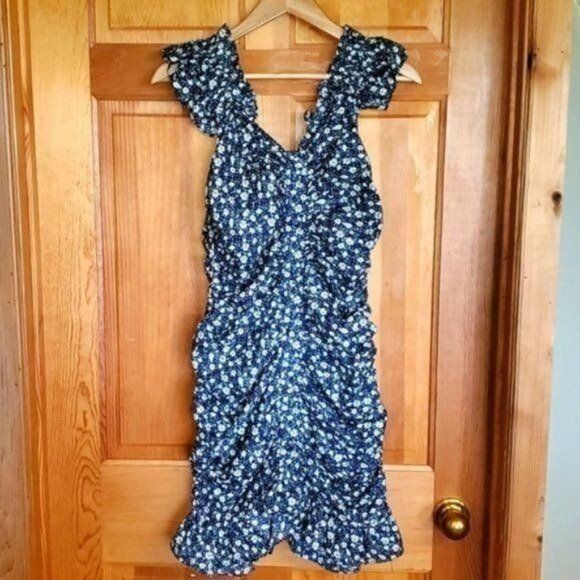 Vintage Dress Forum Navy Floral Vneck Sleeveless Rushed Zippered Sz Size M / US 6-8 / IT 42-44 - 1 Thumbnail