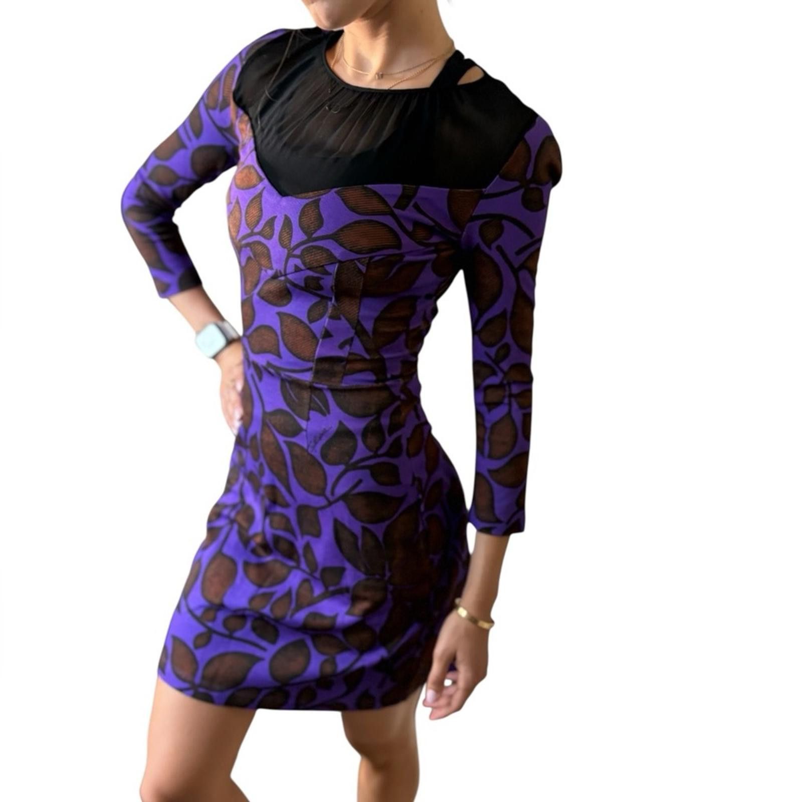 Vintage Just Cavalli Purple and Brown Leaf Print Mini Dress