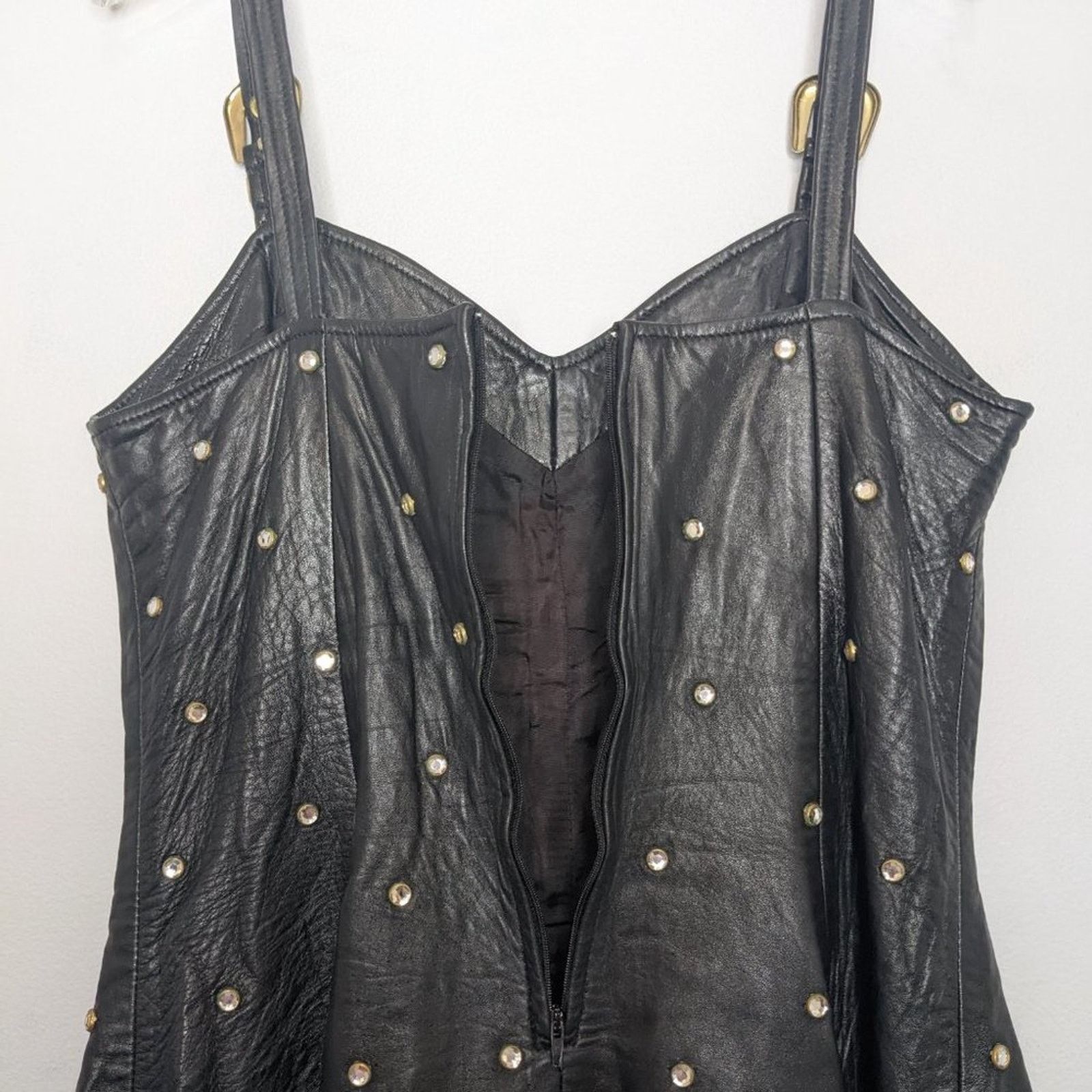 L.A. Roxx L.A Roxx Vintage Black Leather Mini Dress Studded Rhinestone Size L / US 10 / IT 46 - 8 Thumbnail