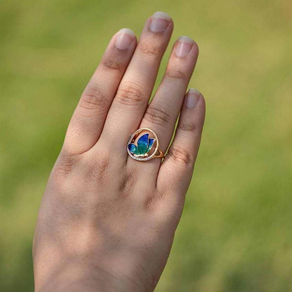 Designer Handmade Blue Epoxy Butterfly Gold Enamel Ring - Size 7 Size ONE SIZE - 7 Thumbnail