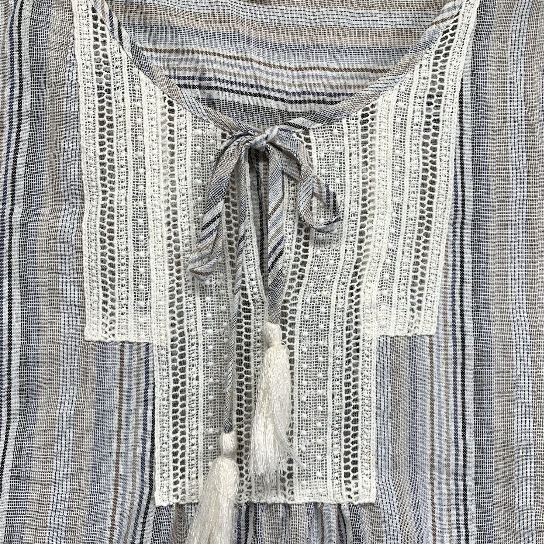 Vintage VINTAGE Mystree Women’s Medium Tunic Top Blouse Tie Neck Semi Sheer Stripes Earth Tones Boho Beach Summer Fashion Womens Size M / US 6-8 / IT 42-44 - 5 Thumbnail