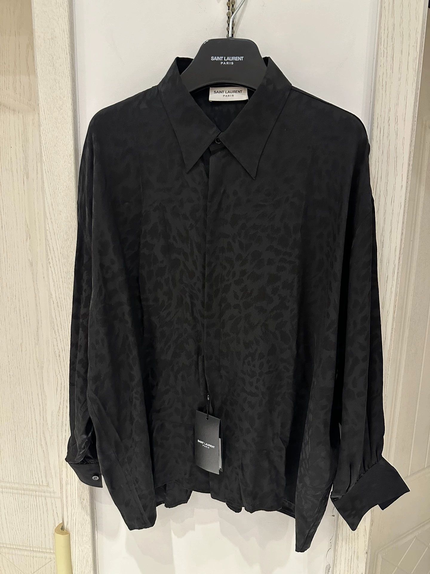 Saint Laurent Paris Show off dark patterned silk shirt