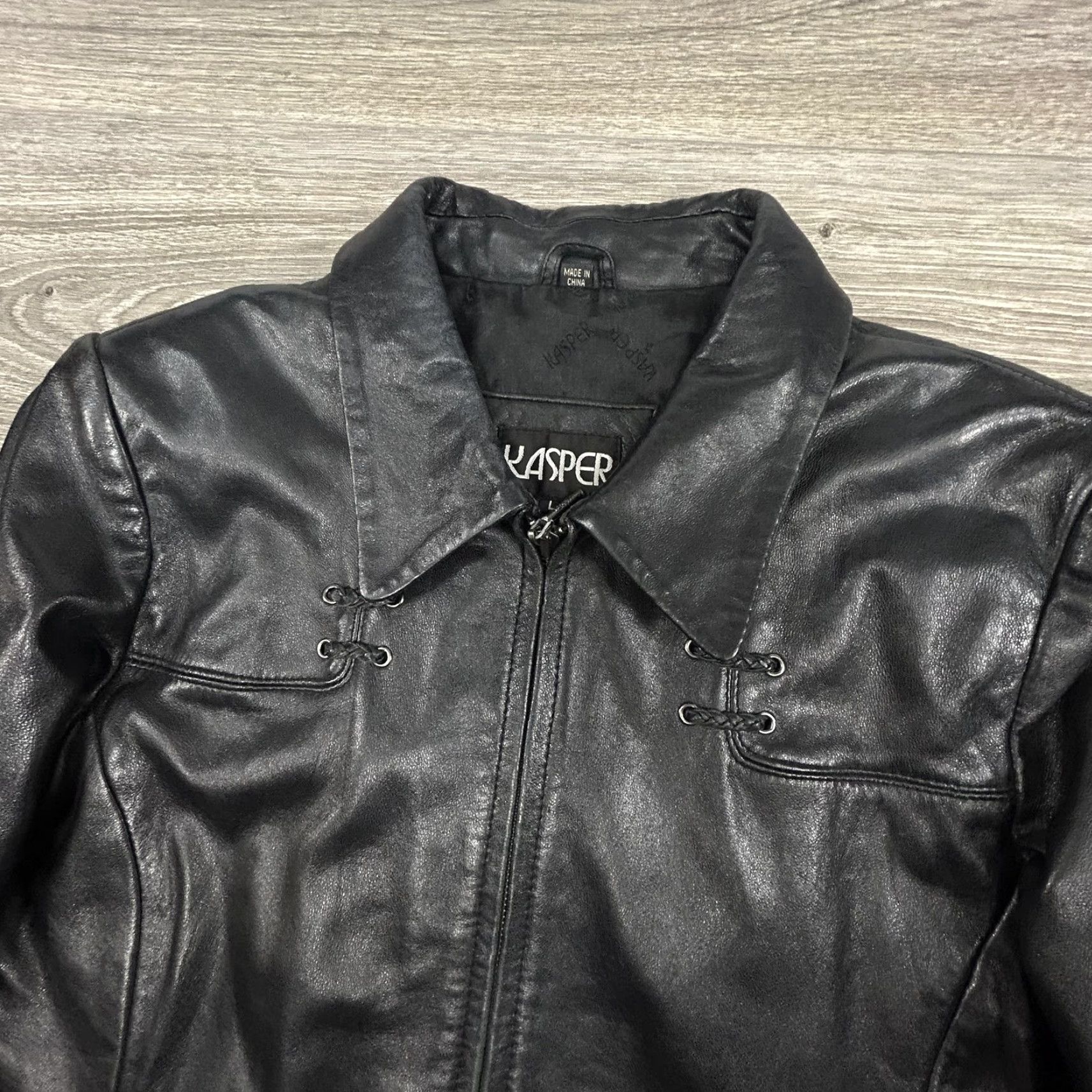 Kasper VINTAGE Kasper Leather Jacket Womens Large Black Lace Up Detail Moto Satin Lined Size L / US 10 / IT 46 - 4 Thumbnail