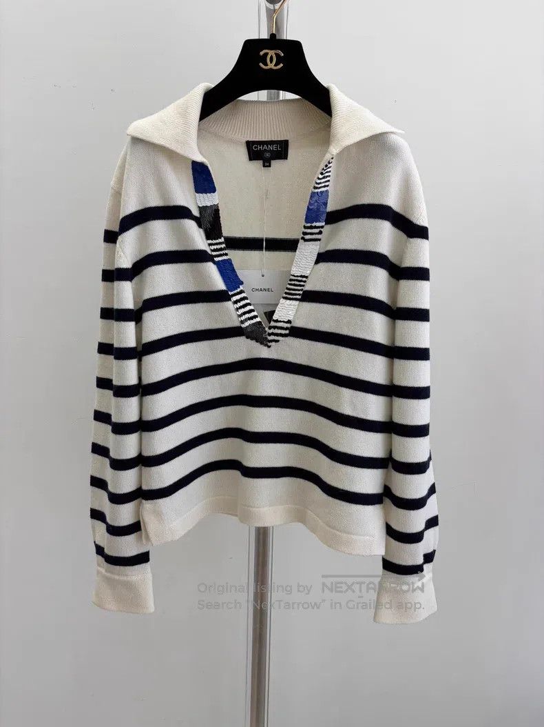 Chanel Chanel Spring and summer new navy striped sequin V-neck ca Size XXS / US 00 / IT 34 - 1 Thumbnail