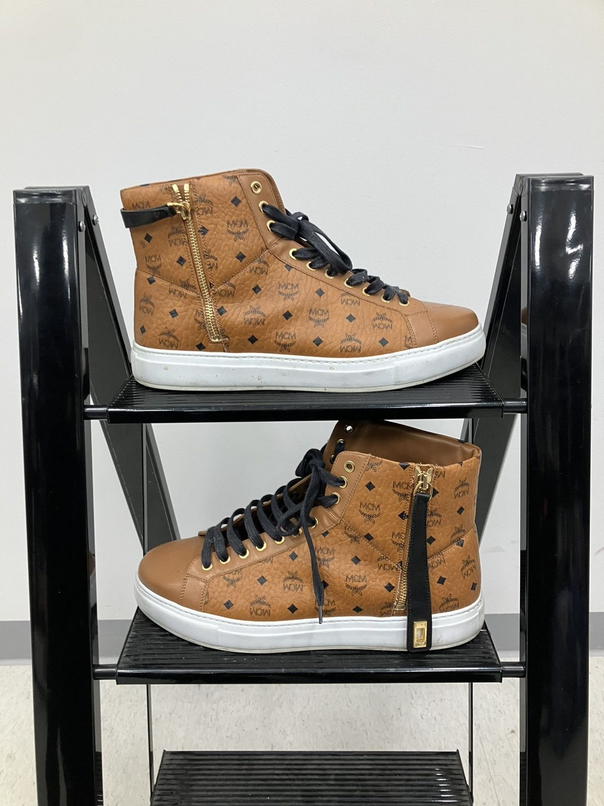 MCM MCM cognac visetos high-top terrain leather sneakers Size US 12 / EU 45 - 2 Thumbnail