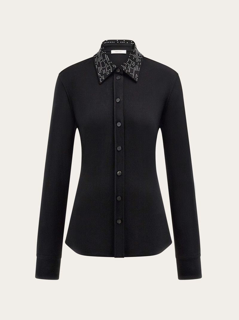 Salvatore Ferragamo o1s1rm0126 Studded Collar Jersey Shirt in Black Size S / US 4 / IT 40 - 1 Thumbnail