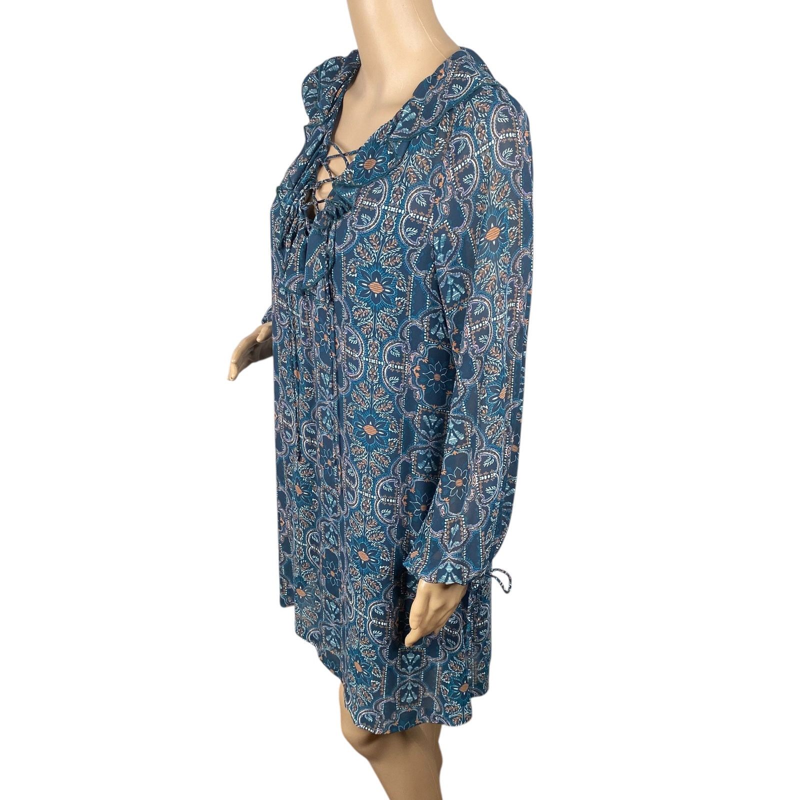 Neiman Marcus Suncoo Paris Teal Boho Ruffle Lace Up Shift Dress SZ XS Size XS / US 0-2 / IT 36-38 - 5 Thumbnail