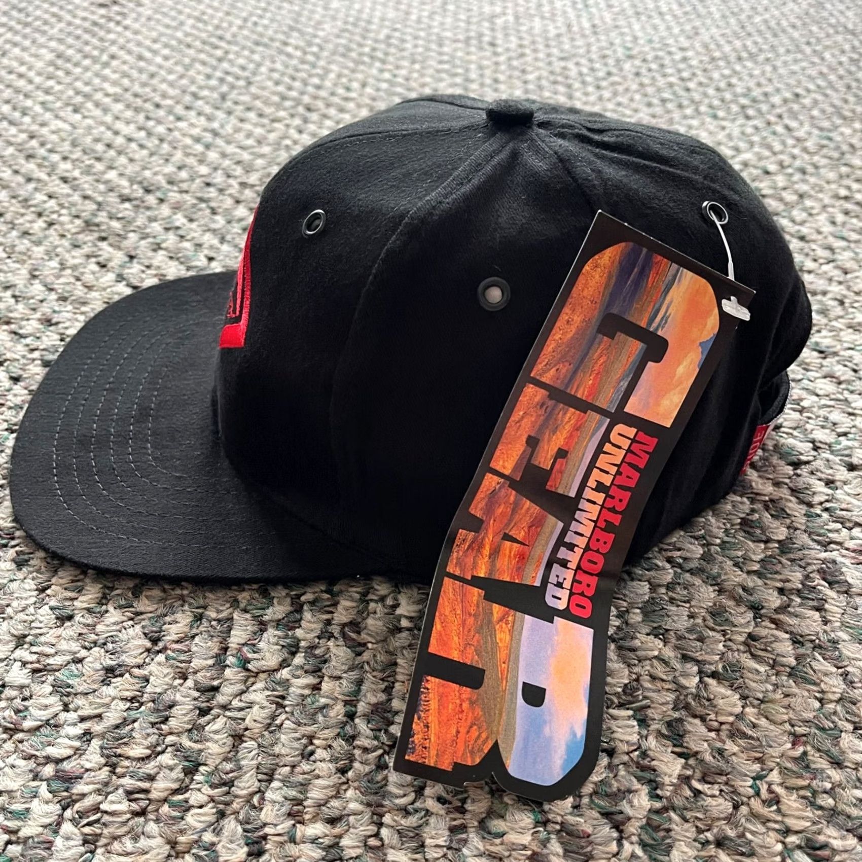 Marlboro VINTAGE Marlboro Train Hat Black Tobacco Cigarette Railroad Strapback Cap NWT Adjustable Black Unisex Adults Snapback 80s 90s Size ONE SIZE - 4 Thumbnail