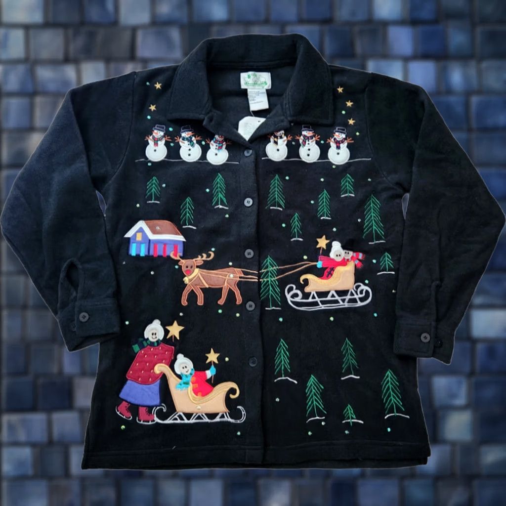 Quacker Factory Quacker Factory Womens Jacket S Black Fleece Christmas Long Sleeve Button Up Embroidered Snowmen Size S / US 4 / IT 40 - 1 Thumbnail