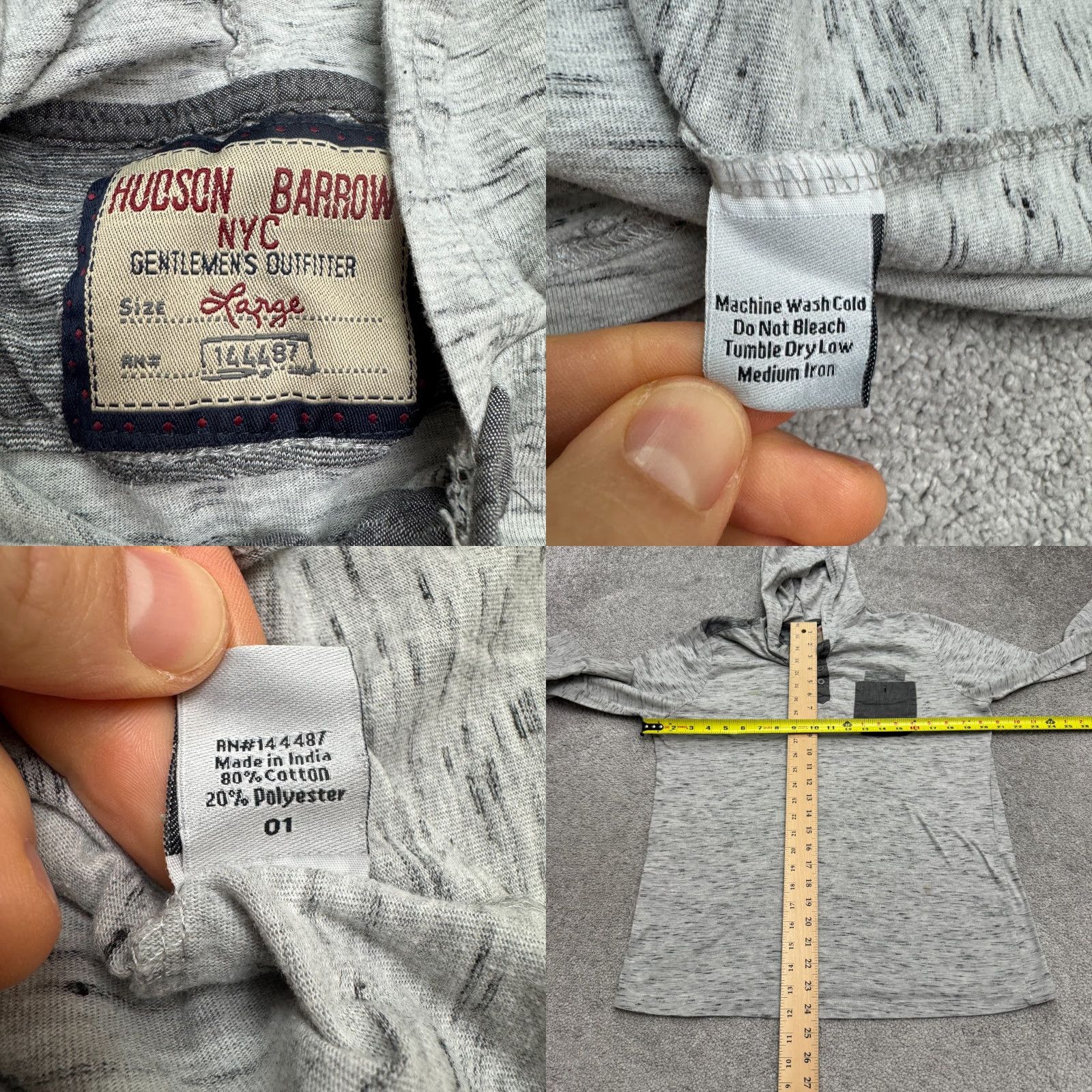 Hudson Hudson Barrow Hoodie Shirt Mens Large Heather Gray Long Sleeve Cotton Size US L / EU 52-54 / 3 - 8 Thumbnail