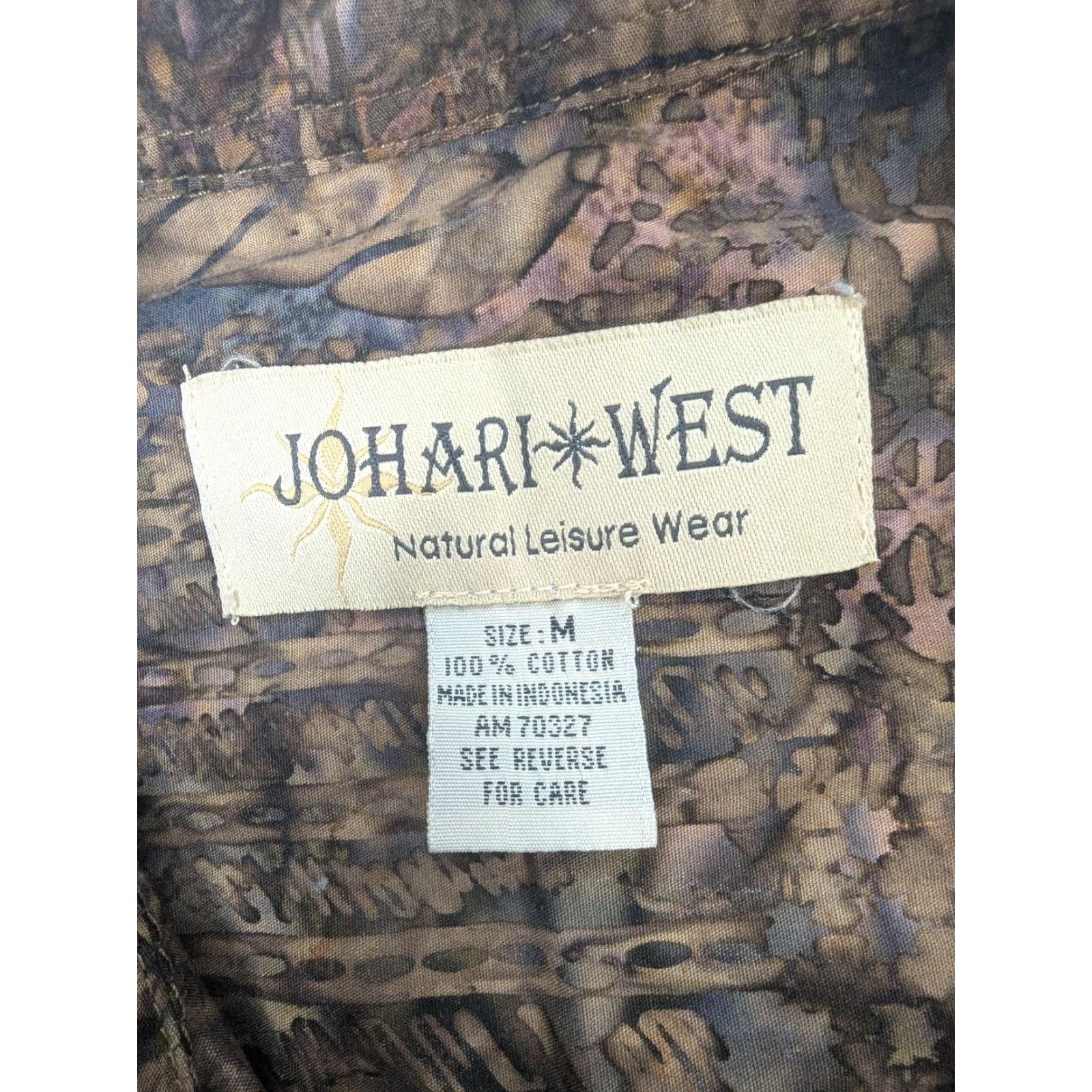 Vintage Johari West Shirt Mens Medium Brown Batik Leaf Hawaiian Abstract Button Up Size US M / EU 48-50 / 2 - 7 Thumbnail