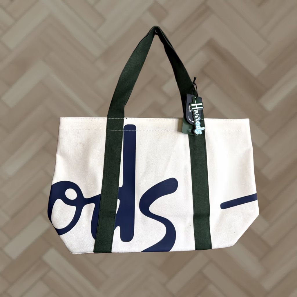Vintage Harrods Tote Bag Unisex Large Green White Cotton Logo With Inside Pocket New London, Women's
