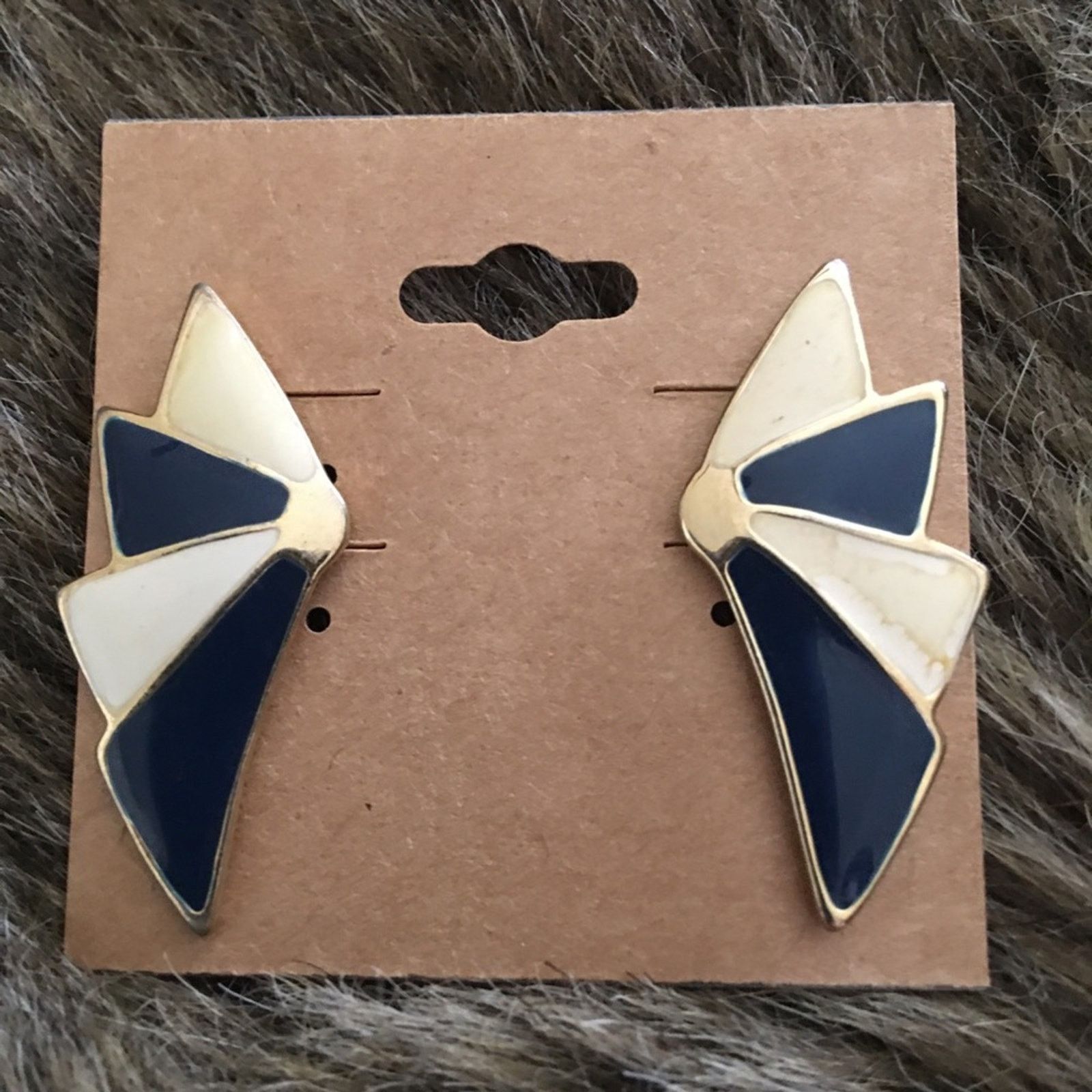 Vintage Vintage 80s navy/cream enamel fan pierced earrings Size ONE SIZE - 4 Thumbnail