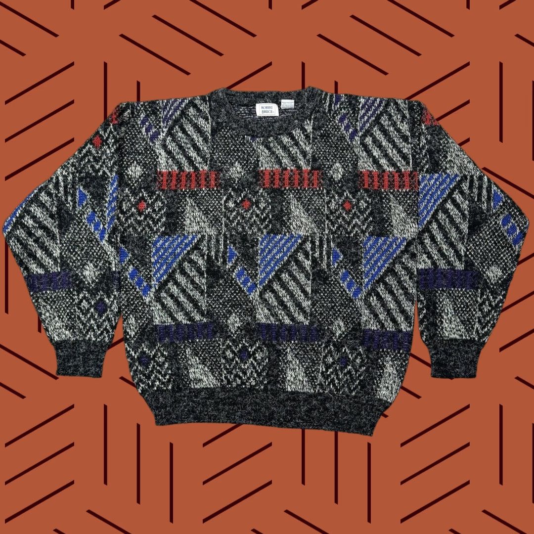 VTG Robert Bruce Pullover Knit Sweater Mens Large Multicolor Fuzzy Geometric 90s Classic Knit Shirt?
