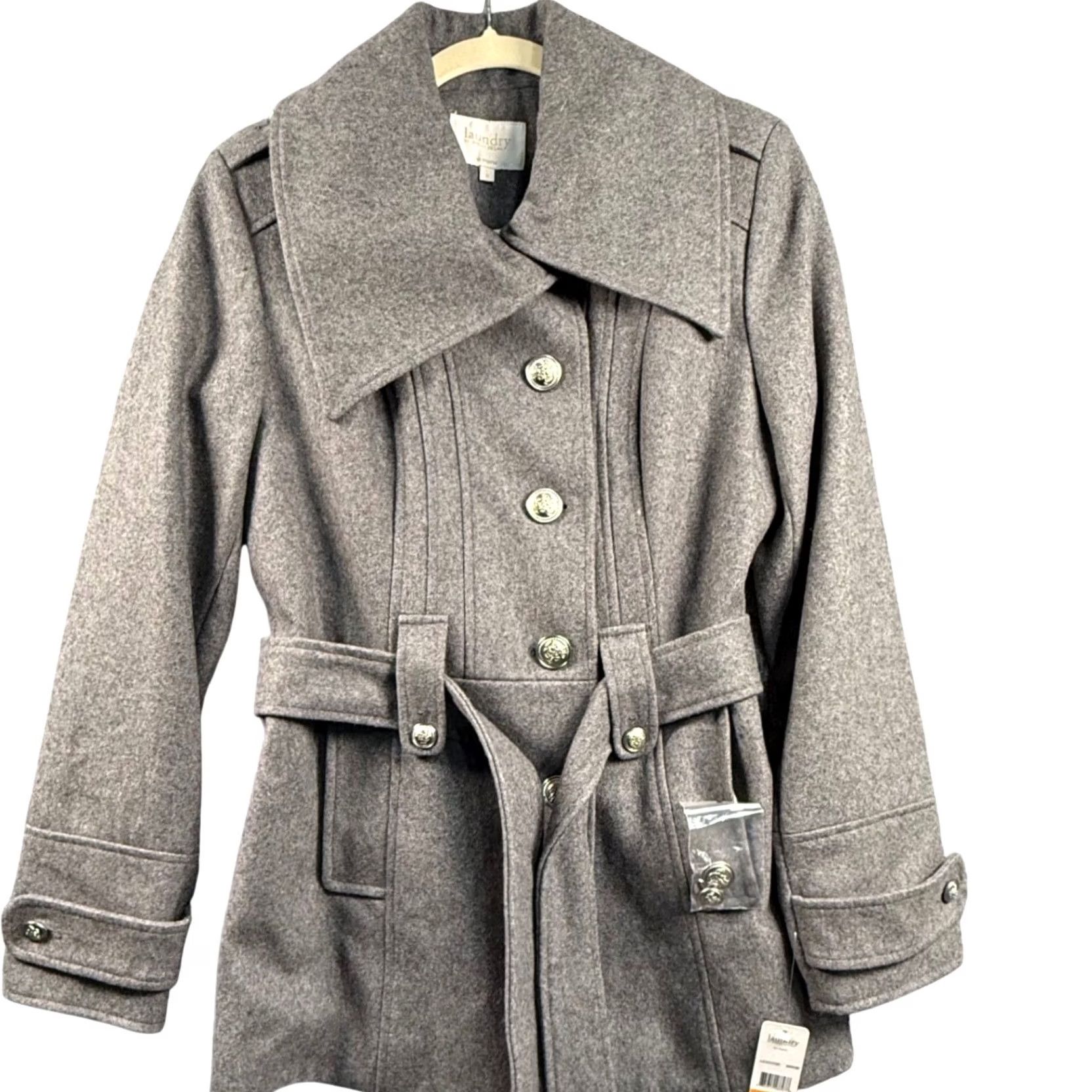 Laundry by Shelli Segal Laundry by Shelli Segal S Grey Wool Blend Belted Peacoat Jacket Silver Buttons Size S / US 4 / IT 40 - 2 Thumbnail