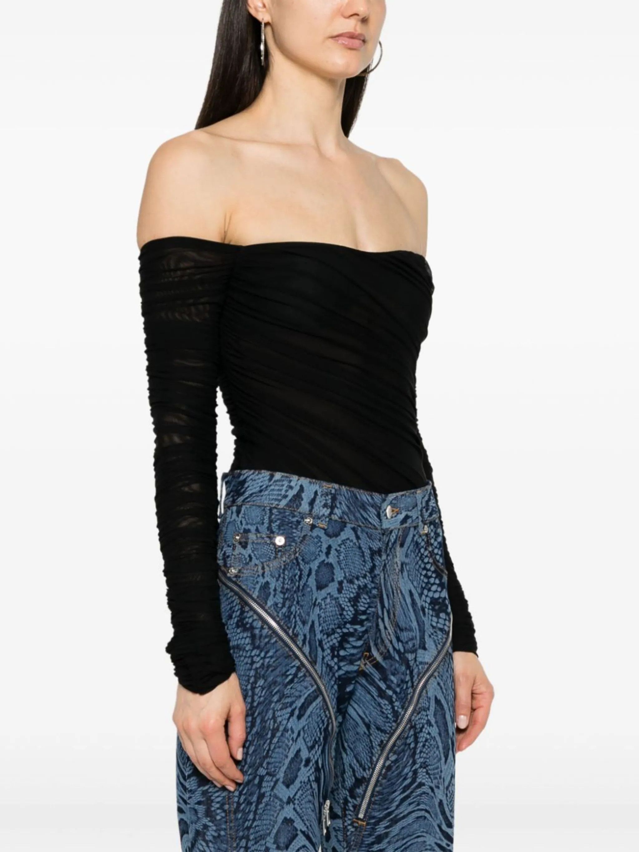 Mugler o1s22i1n1024 Off Shoulder Mesh Bodysuit in Black Size XS / US 0-2 / IT 36-38 - 3 Thumbnail