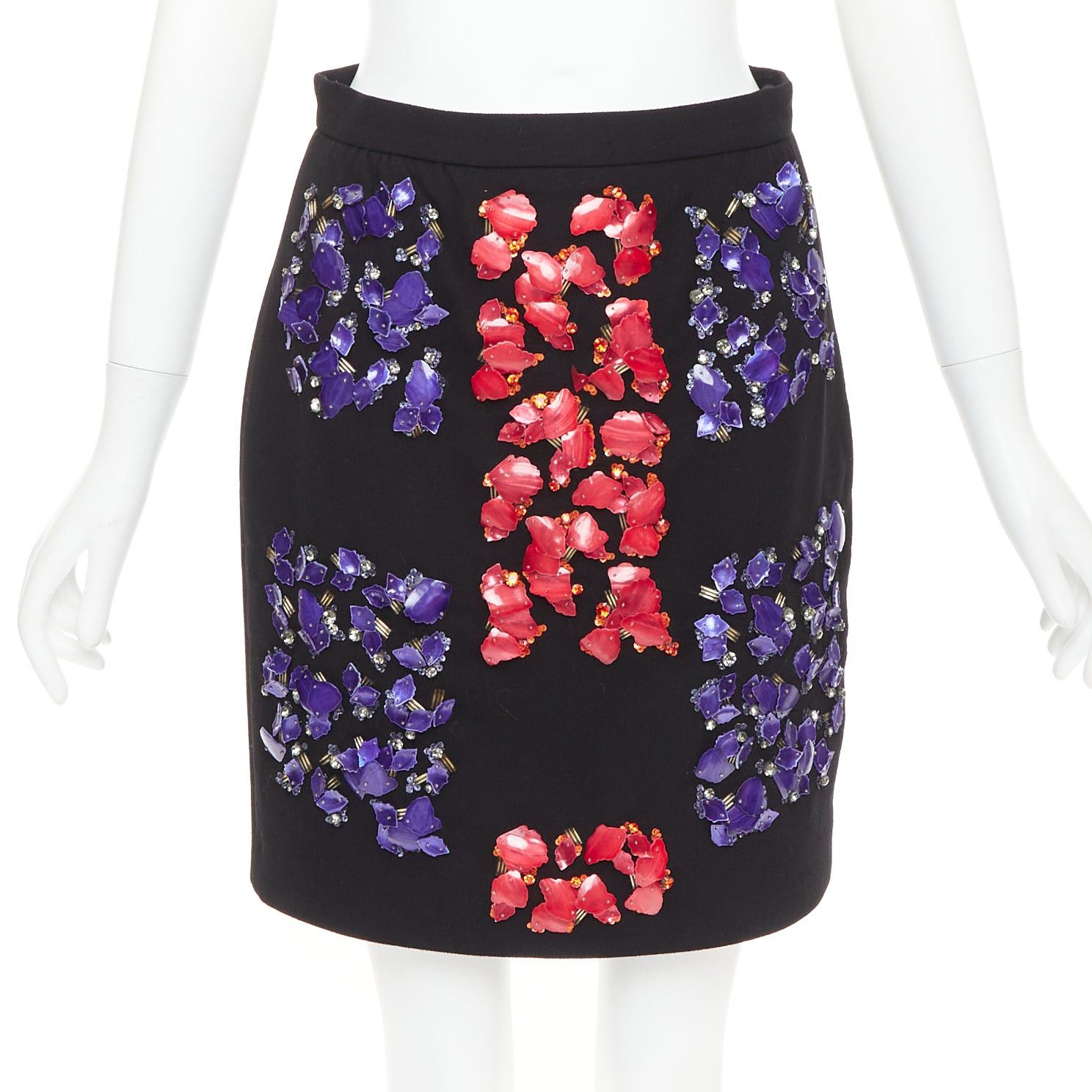 Peter Pilotto PETER PILOTTO black virgin wool red purple mother of pearl embellished skirt UK10 M Size 28" / US 6 / IT 42 - 1 Thumbnail