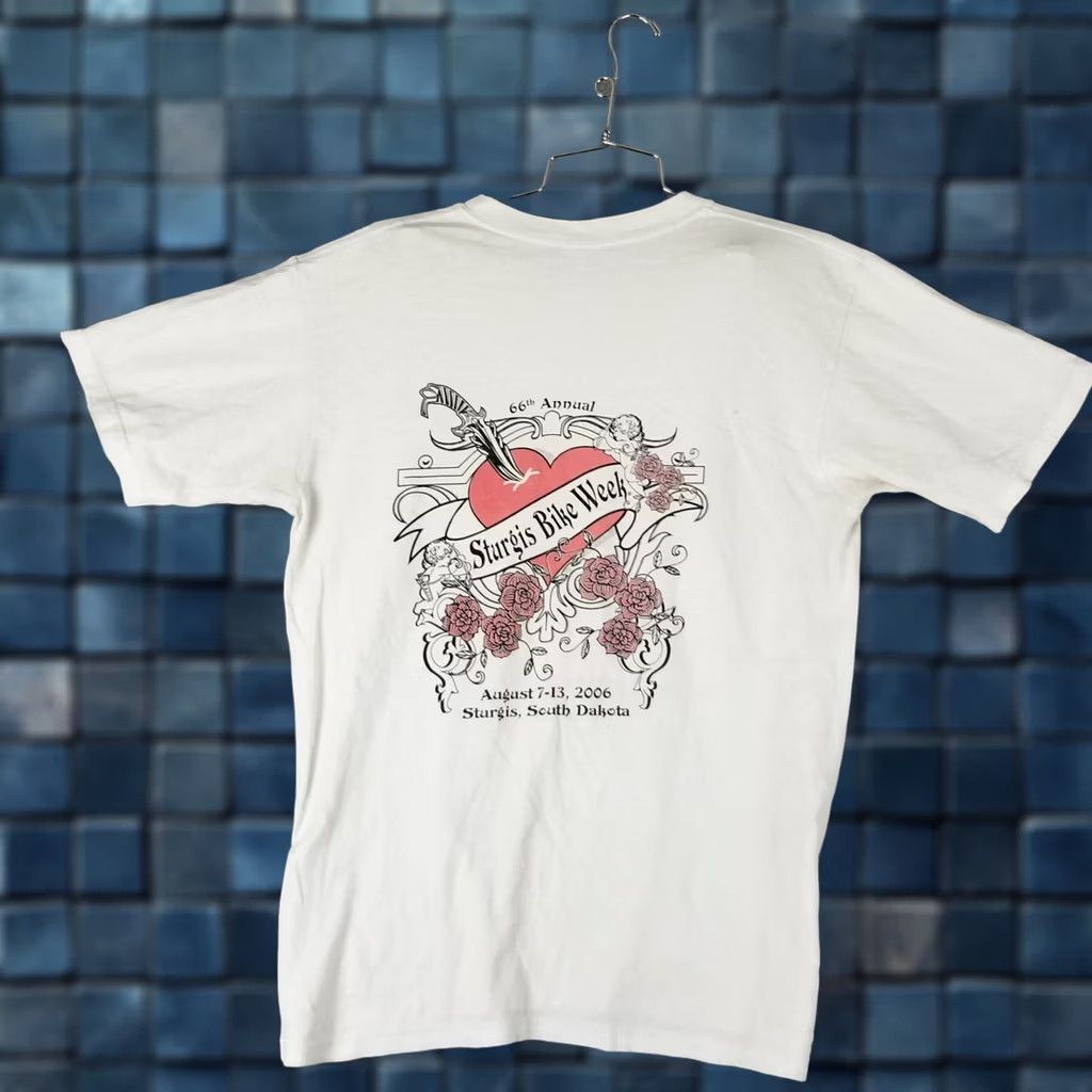 Vintage Sturgis Shirt Womens Small T-Shirt Crew Neck Short Sleeve Floral Heart White 2006 Motorcycle Tee Size S / US 4 / IT 40 - 1 Thumbnail