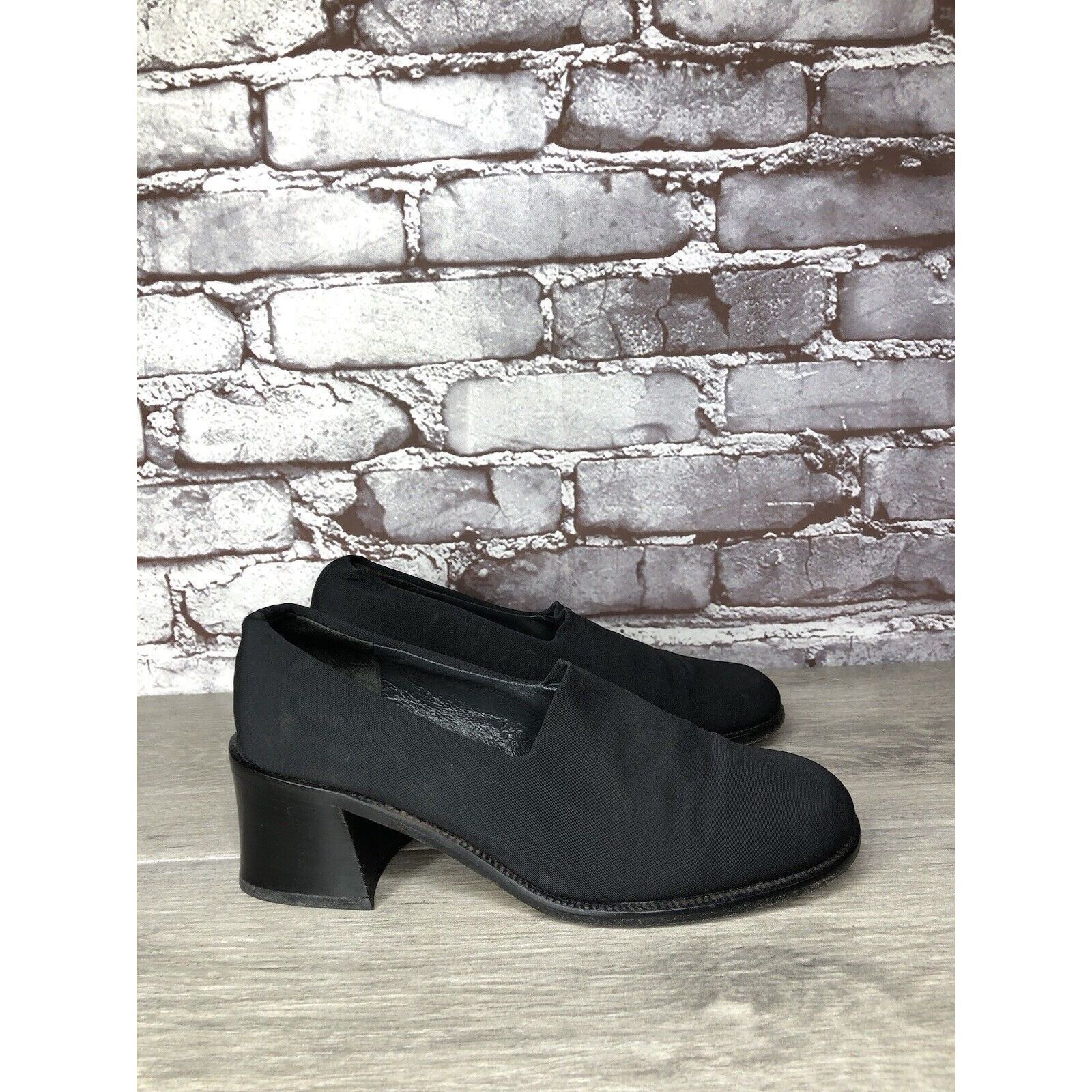 Other Nickels VTG Black Fabric Stretchy Loafers Pump Block Heels W Size US 6 / IT 36 - 2 Thumbnail