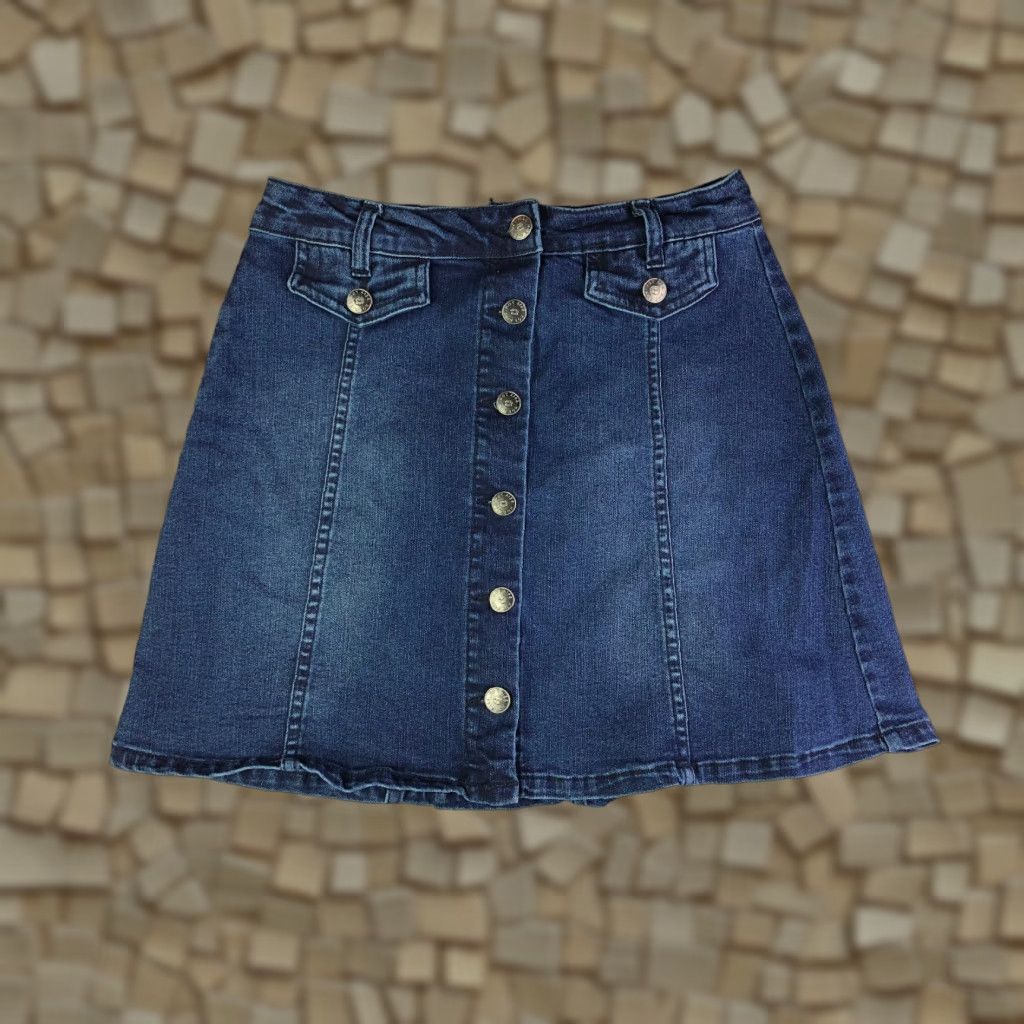 Vintage Kiss Juniors Size 3 25" Waist Measured Blue Jean Skirt Button Closure Size 26" / US 2 / IT 38 - 1 Thumbnail