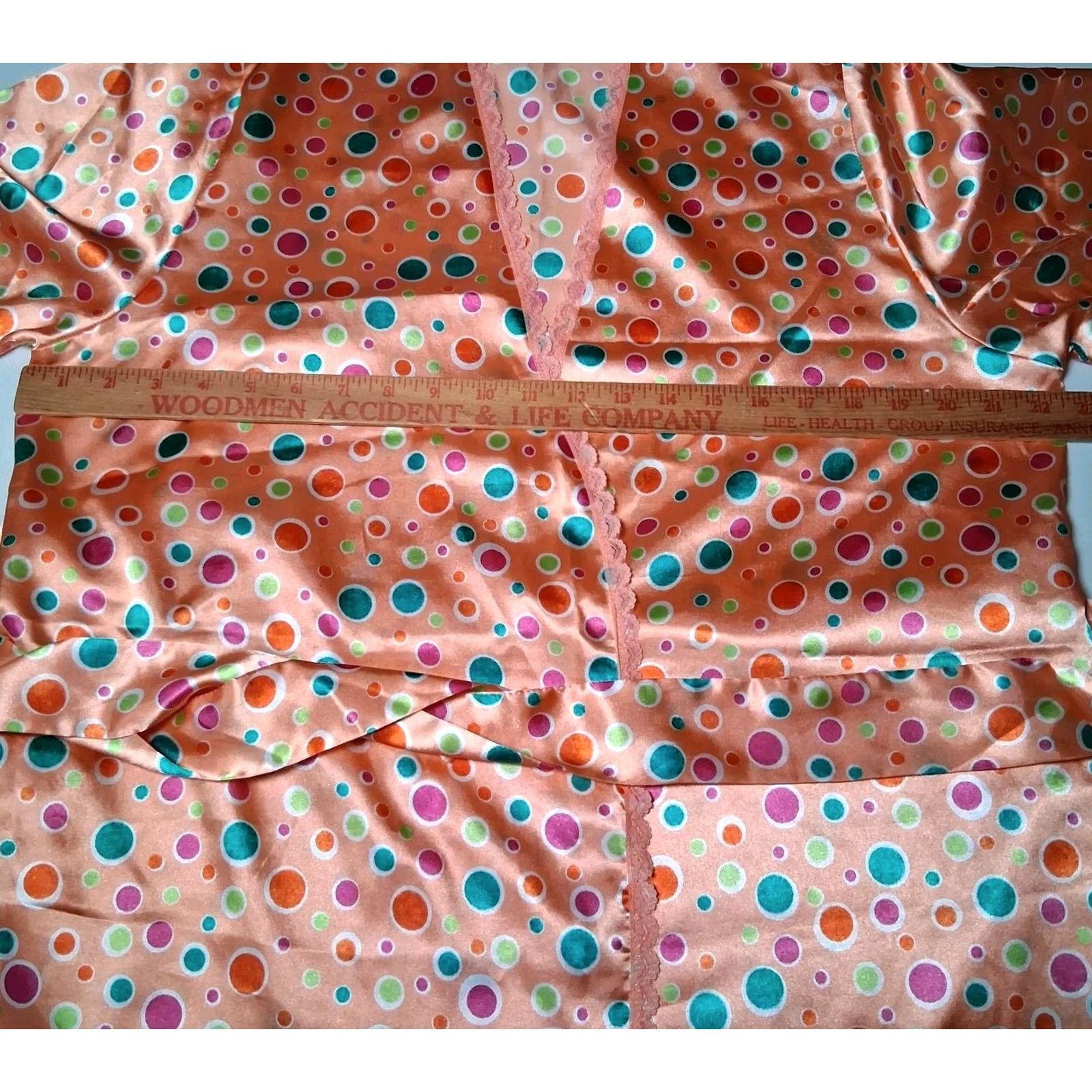 Vintage Vintage 1990s Leslie Fay Intimate Robe L Peach Satin Polka Dot Lace Trim READ Size ONE SIZE - 3 Thumbnail
