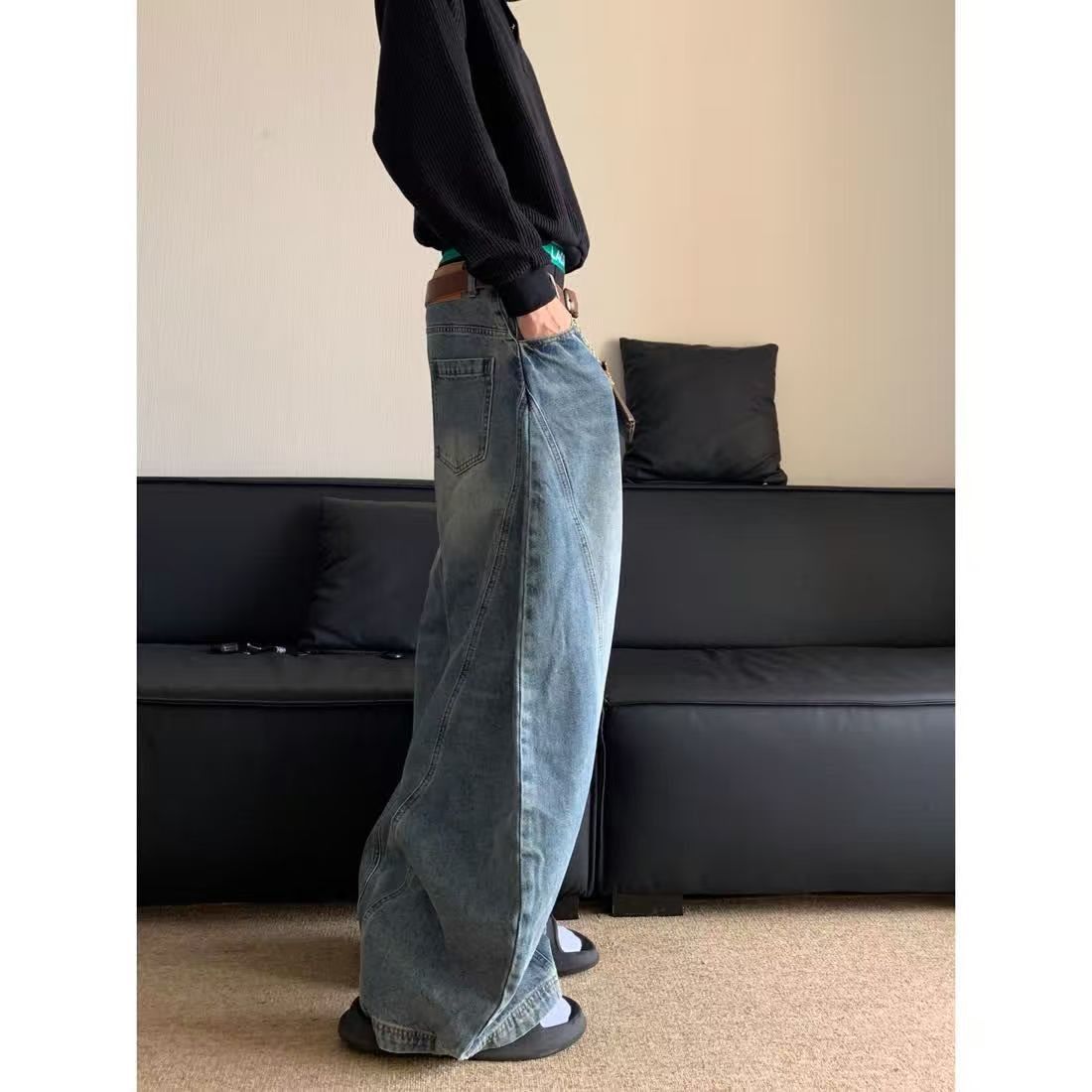 Vintage Blue street wide-leg washed distressed scimitar jeans Size US 32 / EU 48 - 3 Thumbnail