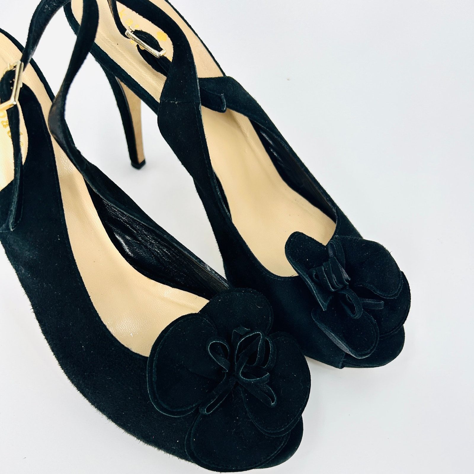 Kate Spade Black Genuine Suede Leather Rosette Platform Slingback Heels Size US 9 / IT 39 - 2 Thumbnail