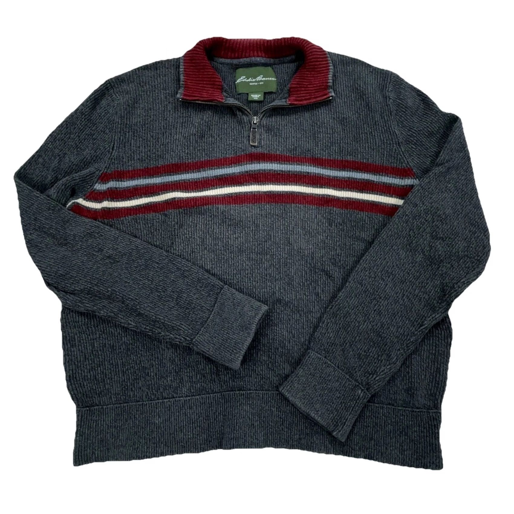 Eddie Bauer Eddie Bauer Sweater Mens XXL 2XL Gray Red Heavy Knit Pullover Quarter Zip Casual Adult Size US XXL / EU 58 / 5 - 2 Thumbnail